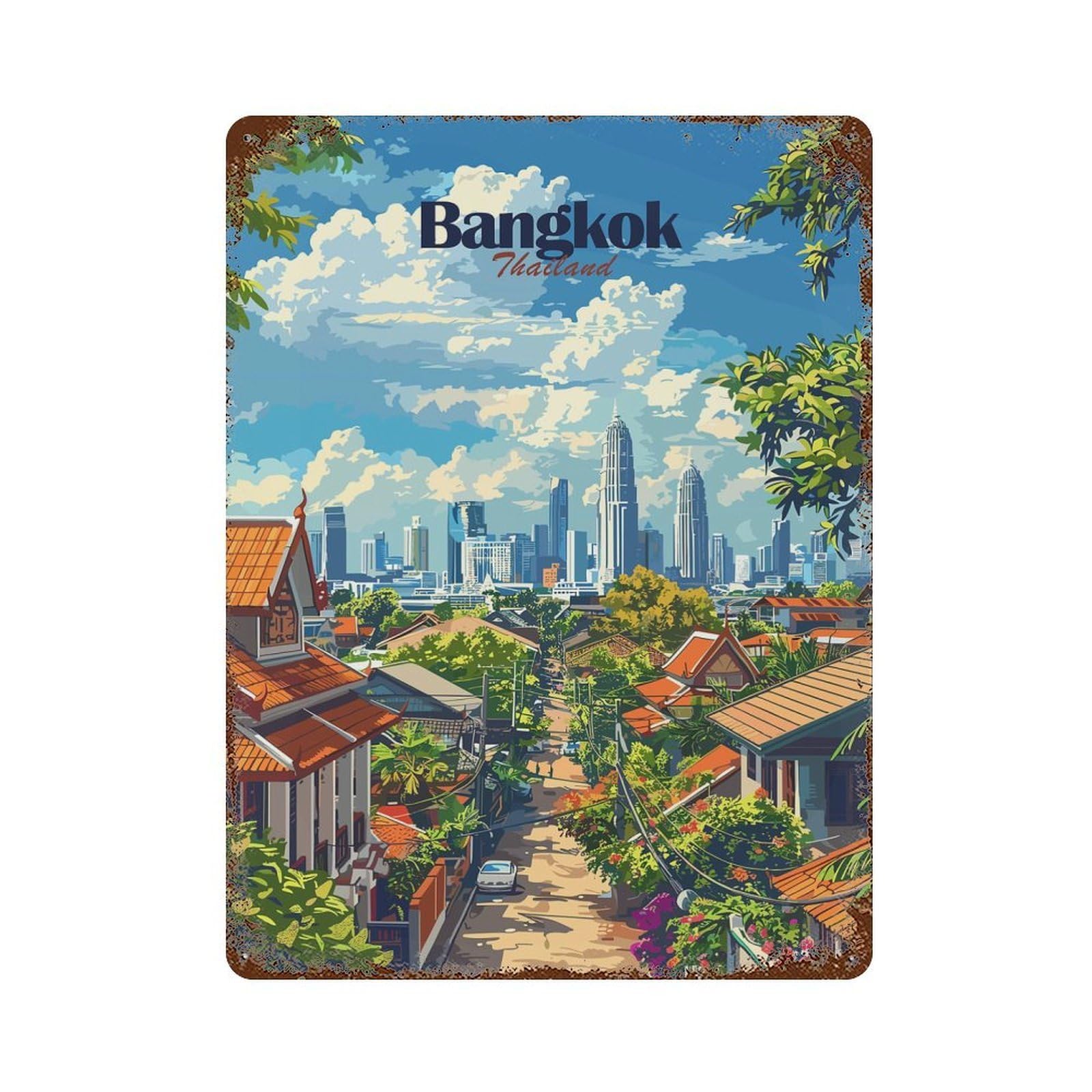 Aged Metal Wall Plaque with Bangkok Cityscape Design 15.7"x11.8", for Pub, Kitchen And Man Cave Decor, Shabby Chic Decor