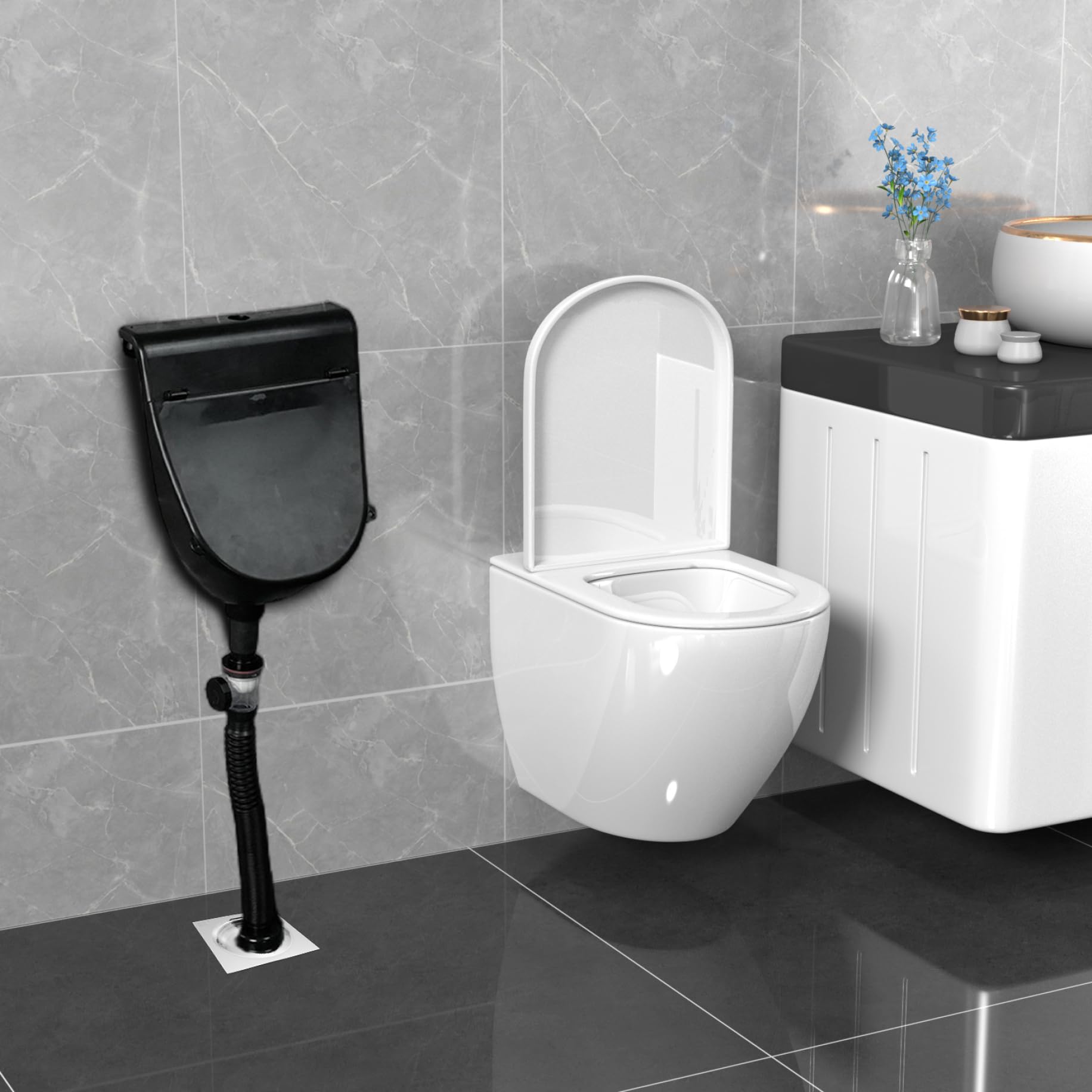 Urinoirs en plastique pour hommes, urinoir mural anti-éclaboussures sans eau avec couvercle et tuyau pour salle de bain, toilettes, maison, jardin et camping-car, gris