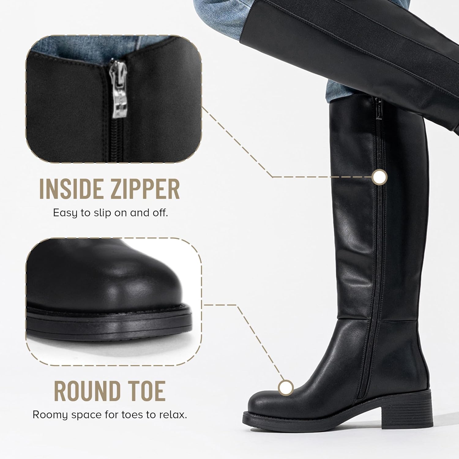 Vepose Women's Low Heel Knee High Boots, 9566 Pull-on Elastic Band Round Toe Tall Gusset Boot with Inner Zipper - Image 4