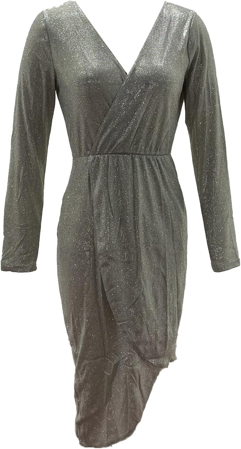 Women Deep V Neck Party Mini Dress Sparkly Sequin Irregular Hem Evening Dress Sexy Glitter Club Bodycon Night Dress
