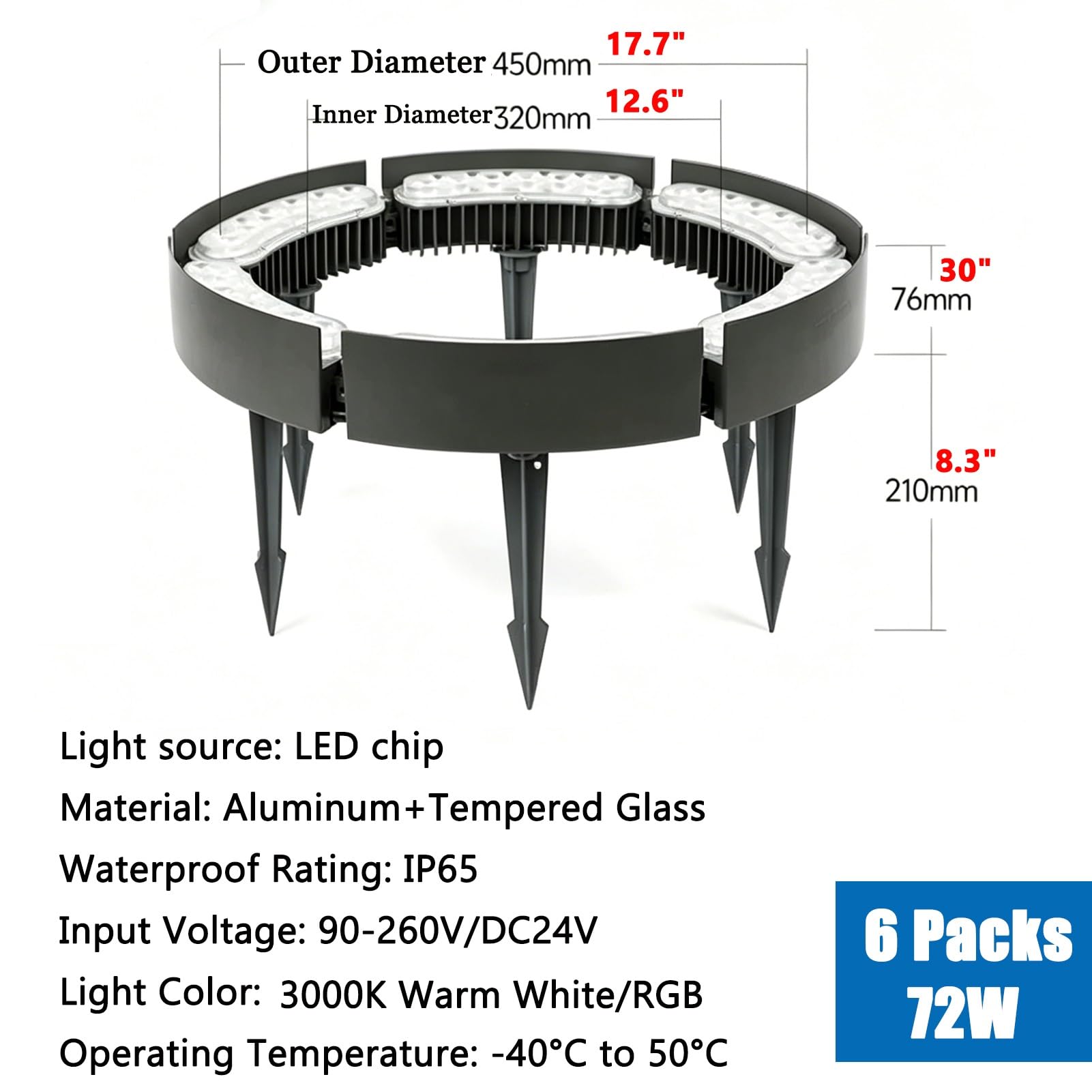 DC 24V LED Pierścieniowe Lampki Choinkowe Na Zewnątrz, IP65 Wodoodporne Palmy Krajobrazowe Reflektory Do Yard Garden Pathway Patio(Blue,6 Packs)