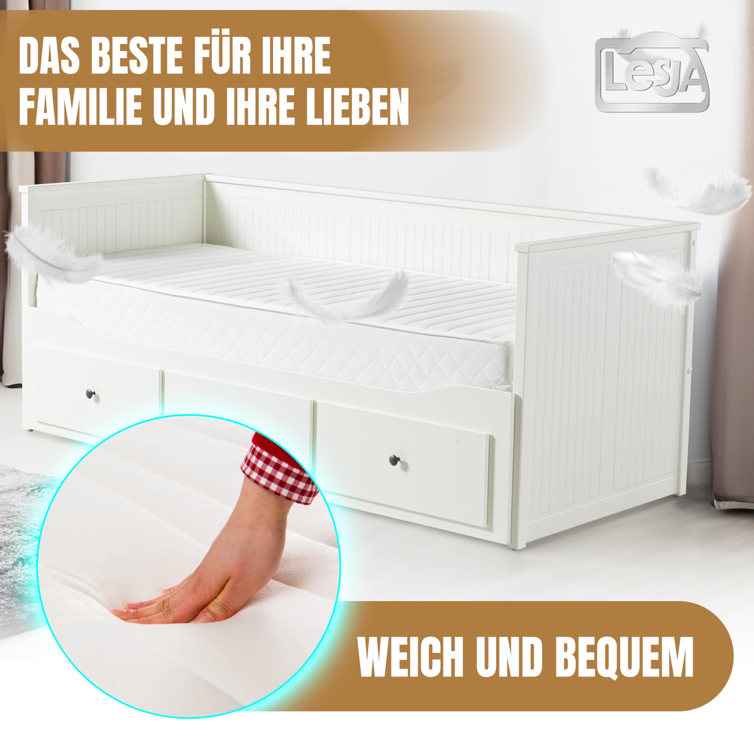 LESJA Tagesbett Matratze 80x200 / 160x200 – Orthopädische Schaumstoffmatratze für Ausziehbett & Schlafsofa – Faltbare Ersatzmatratze mit 7-Zonen Komfort – H4 Mittelfest