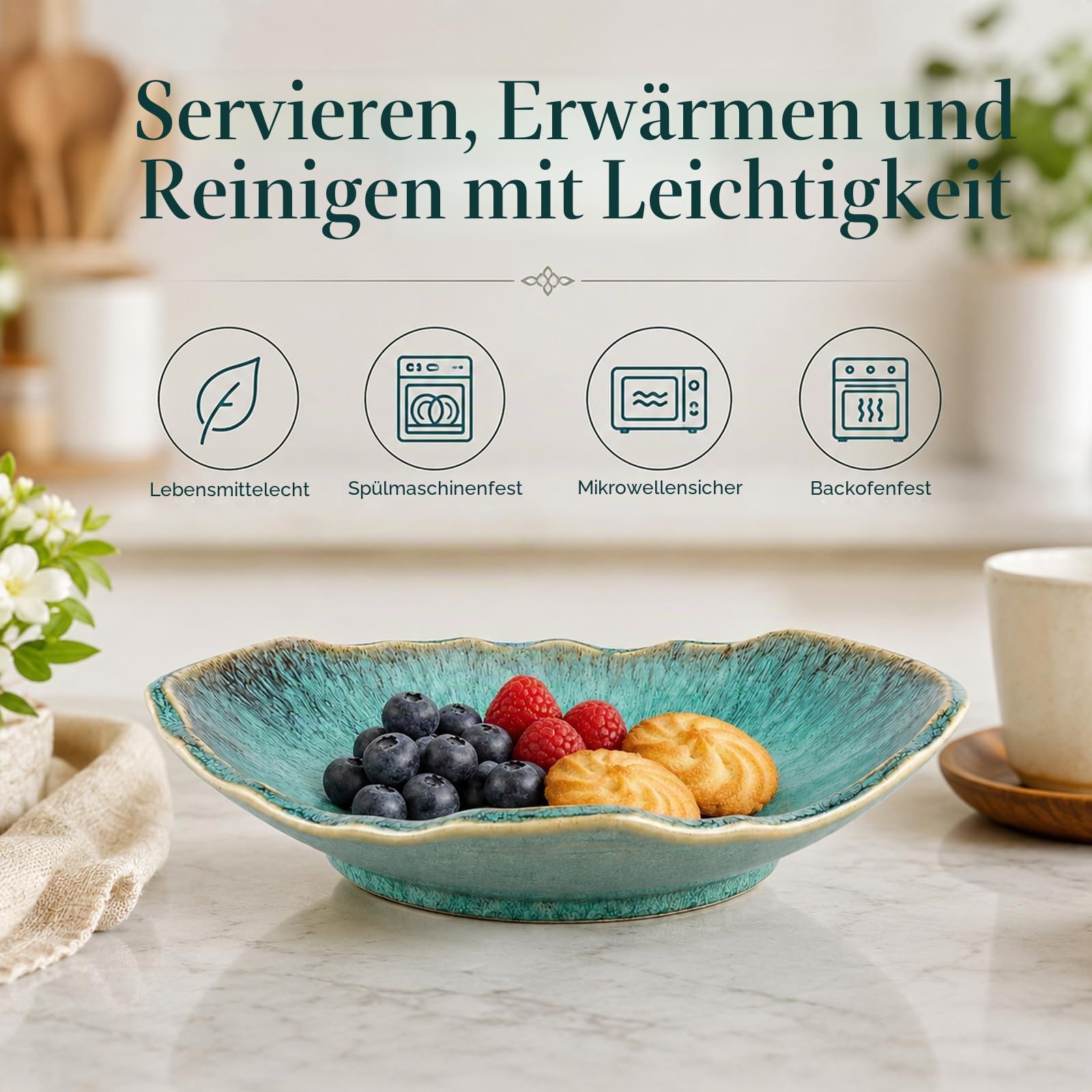 Grüne dekorative Keramikschale – 30,5 cm Obstschale, Süßigkeitenschale, Schlüsselschale für Eingangstisch, Schmuckschale, Ringschale, Schmucktablett, Porzellan-Sammelschale für Küche, Nachttisch