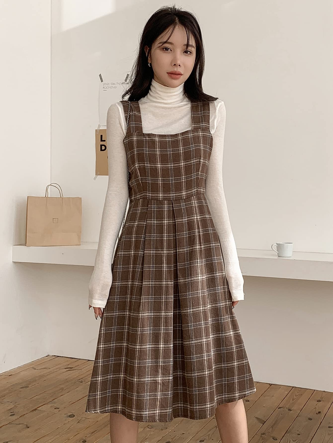 EDBHS Plisado Vestido Cuadros Sin Mangas Marrón Café Talla M
