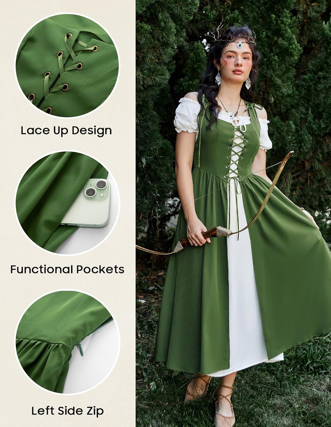 SCARLET DARKNESS Renaissance Costume Women Peasant Medieval Dress Short Sleeve Maxi Fairy Dresses with Pockets - Image 4