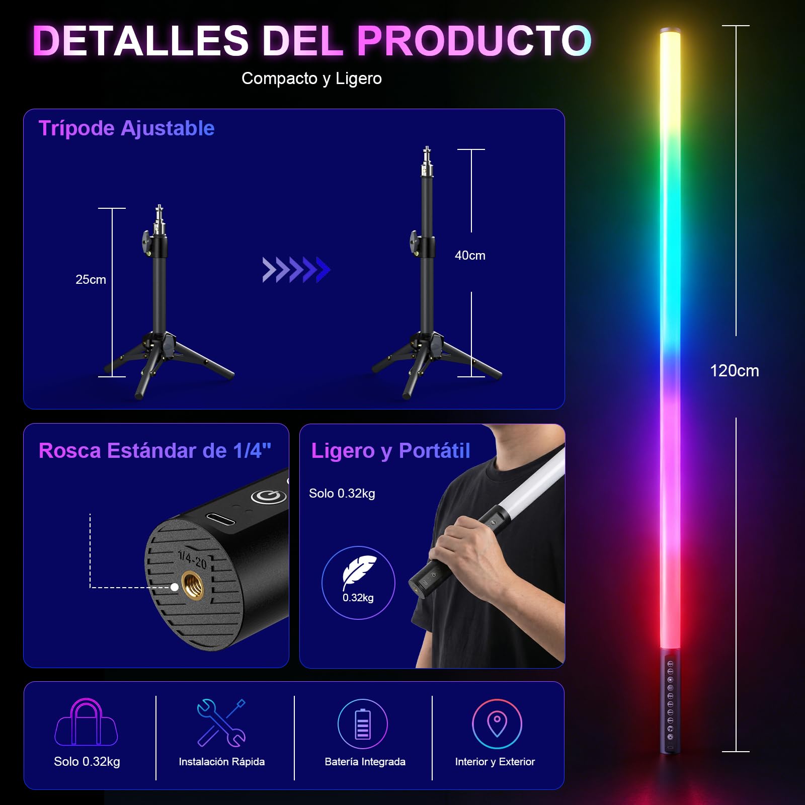 Pack de 4 Tubos de Luz LED RGB con Trípode, Barra de Luz para Vídeo de 120 cm, Sincronización con Música, Batería Recargable de 5200 mAh, Control por App y Mando a Distancia, Iluminación RGB Regulable
