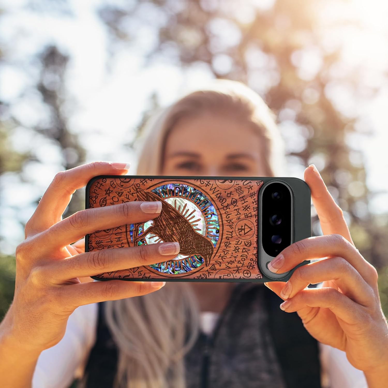 Carveit Magnetic Wooden Case for Google Pixel 10 Pro XL Case, Wood Artisan Engraved & Handmade Shell Inlaid, Compatible with MagSafe Wireless Chargers, Haloed Crow - Rosy