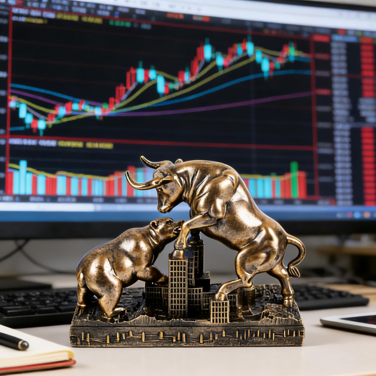 Vintage Bull and Bear Statue, Bull vs Bear Figurine, Stock Market Statue on City Skyline Base, Wall Street Decor Finance Office Decor, Desk Ornament, Investor Trader Gift for Home Office (Bronze)