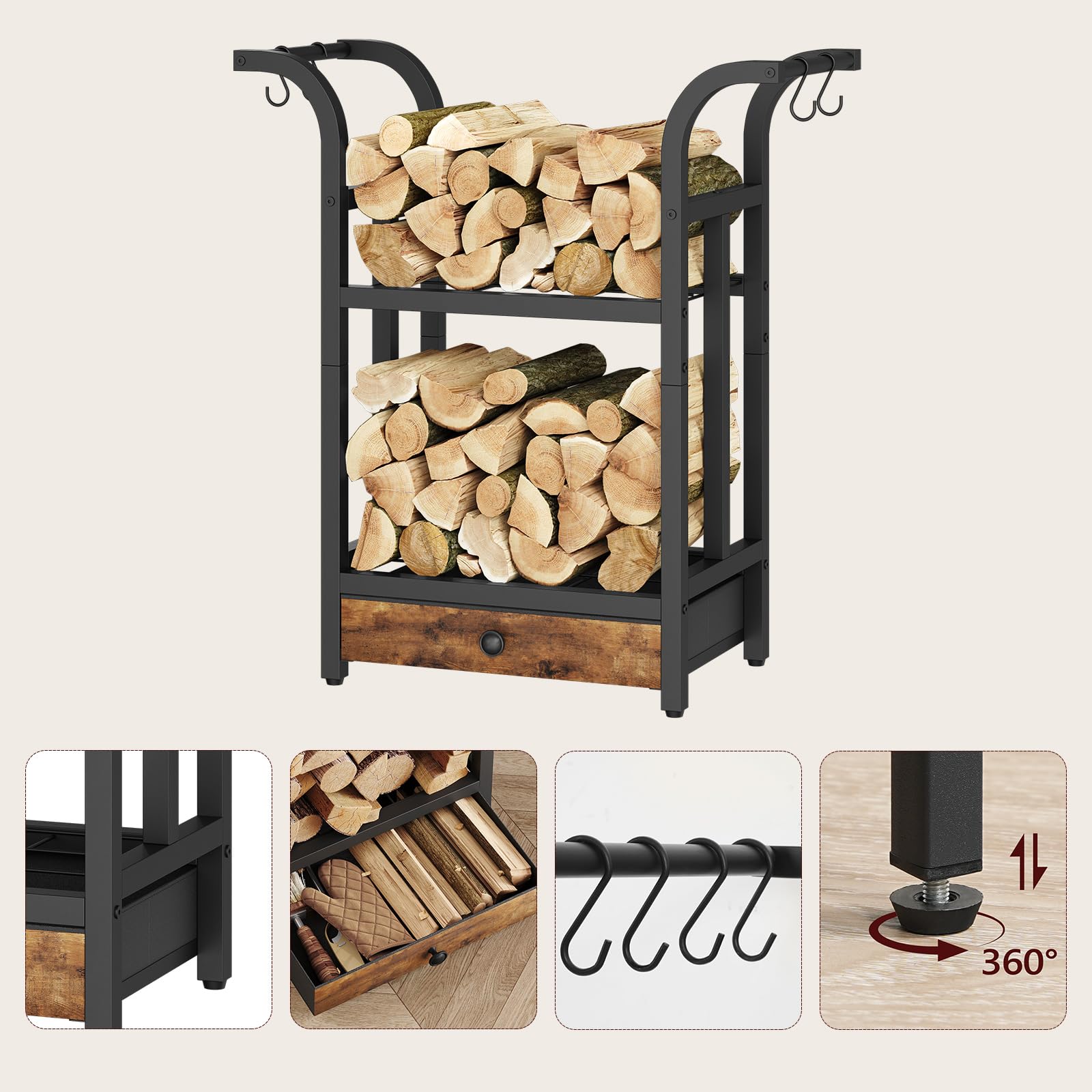 MAHANCRIS Legnaia da Esterno in Metallo, Portalegna 3 Ripiani con 4 Ganci, Scaffale Porta Legna, 68 x 30 x 73,5 cm, in Metallo per Camino, Marrone Vintage e Nero AFKBK4301