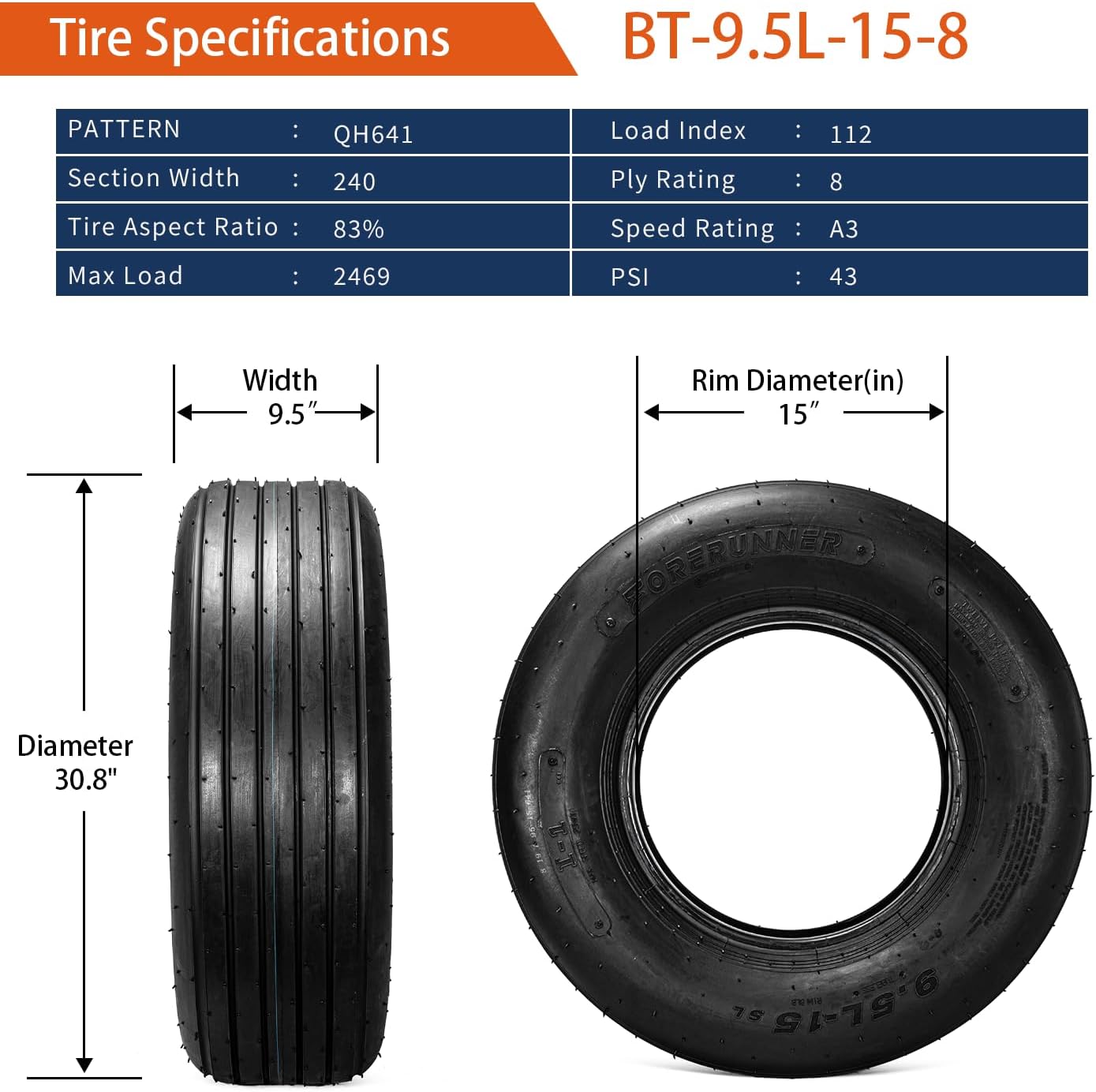 FORERUNNER Heavy Duty 9.5L-15 8 Ply Forklift Tire QH641 Pattern (Pack of 2, Tubeless)