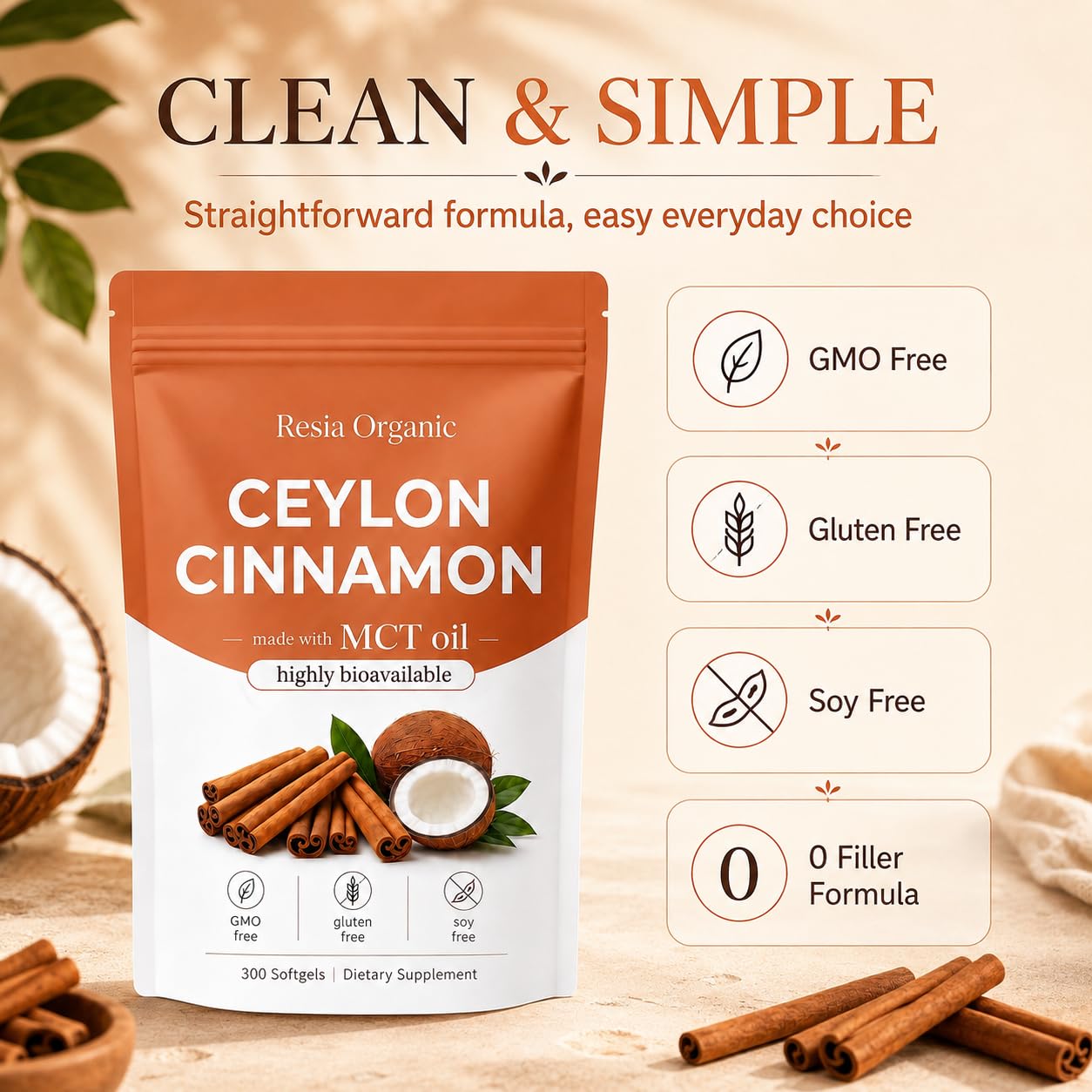 Resia Organic Ceylon Cinnamon Extract Softgels with MCT Oil, 300 Count — Amazon image 6