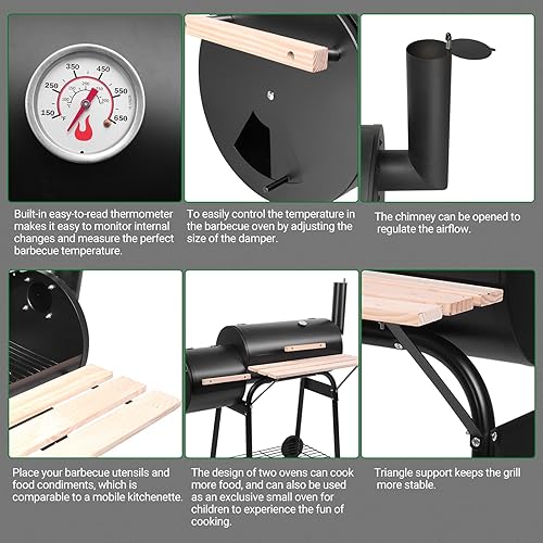 Miniatura 4 de Outvita Parrilla de carbón y ahumador offset, cocina de barbacoa de patio al aire libre con ruedas, horno portátil para barbacoa en el patio trasero
