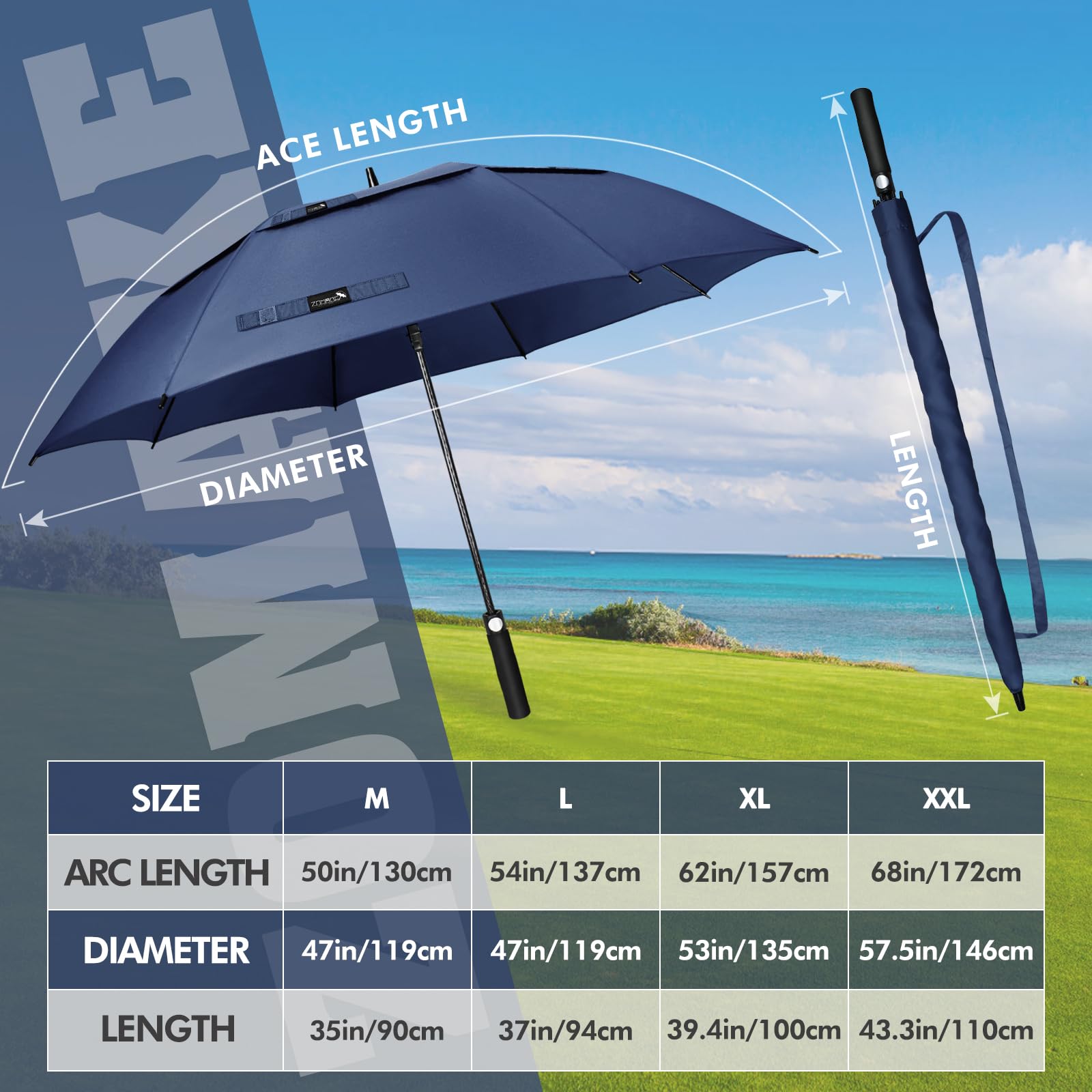 ZOMAKE Parasol Duży Wytrzymały na Wiatr M/L/XL/XXL,Parasol Golfowy Duży Wiatroodporny 51/54/62/68 cale - Rodzinny Parasolka Wytrzymały na Wiatr z Paskiem do Noszenia
