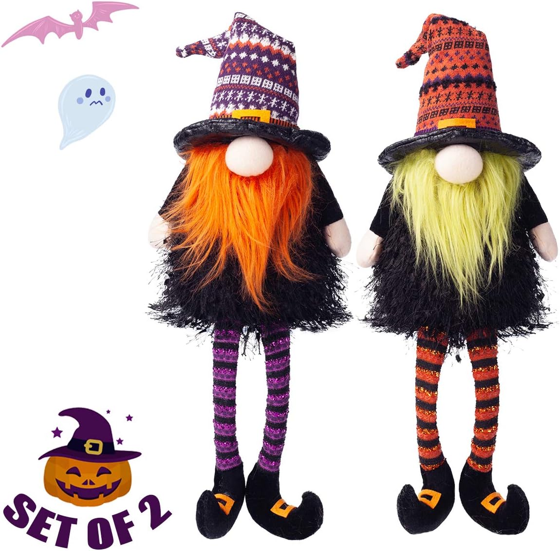 EDLDECCO Gnomes Set Light with Timer Fall Holidays Thanksgiving Halloween Set of 2 Nisse Swedish Nordic Tomte Wizard Witch Hat Decor Home Party Decorations(Orange & Purple)