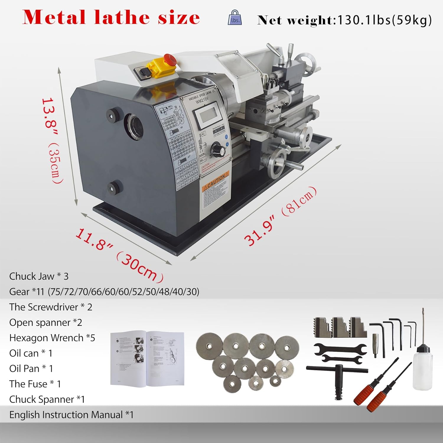 Metal Bench Lathe Benchtop 8"*16" Mini Metal Lathe Inch thread Metal Milling Machine Variable Speed 50-2500rmp for Woodworking Metalworking 110V 900W