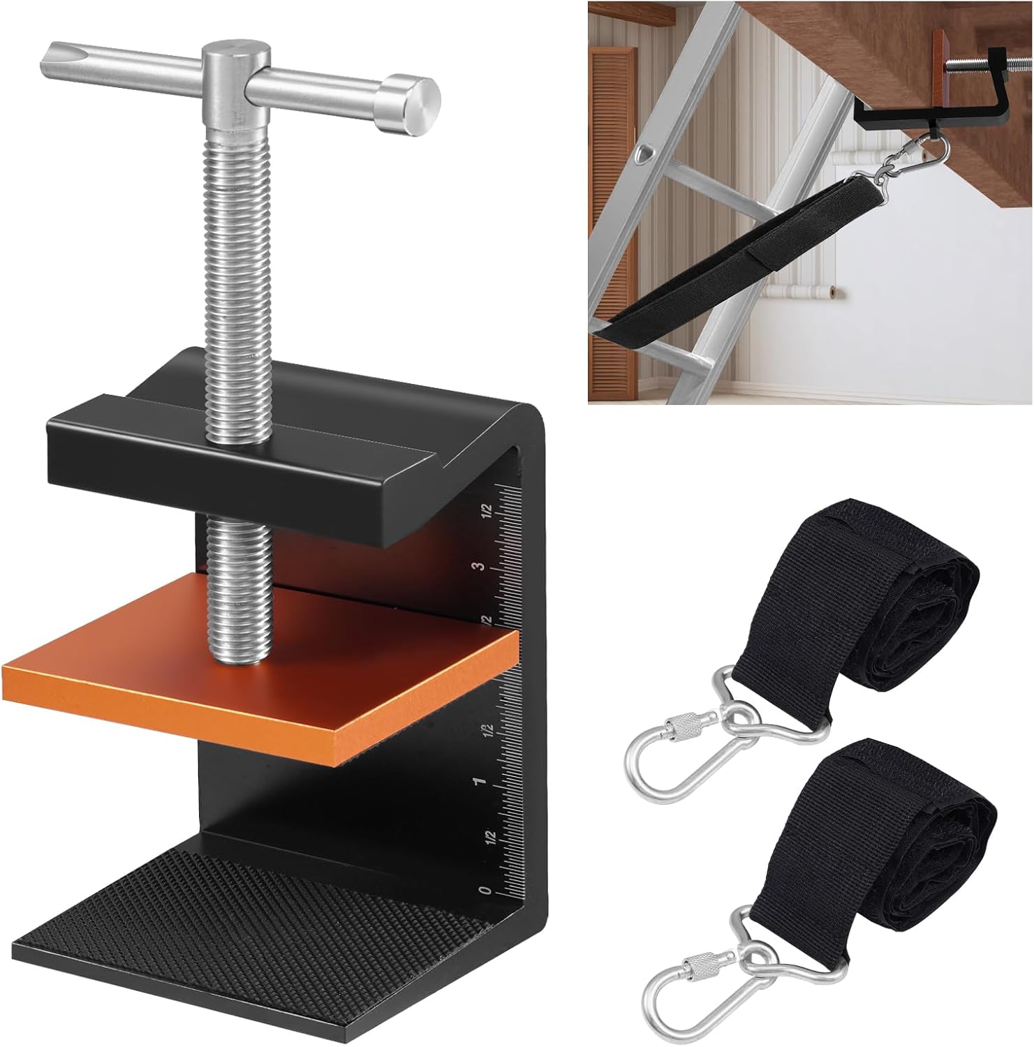 Ladder Stabilizer with Laddder Rack Straps, Ladder Stability Anchor Includes 2-Ft and 3-Ft Strap,Lightweight Aluminum Ladder Leveler, Secure, Stable, Anti-Slip Anchor