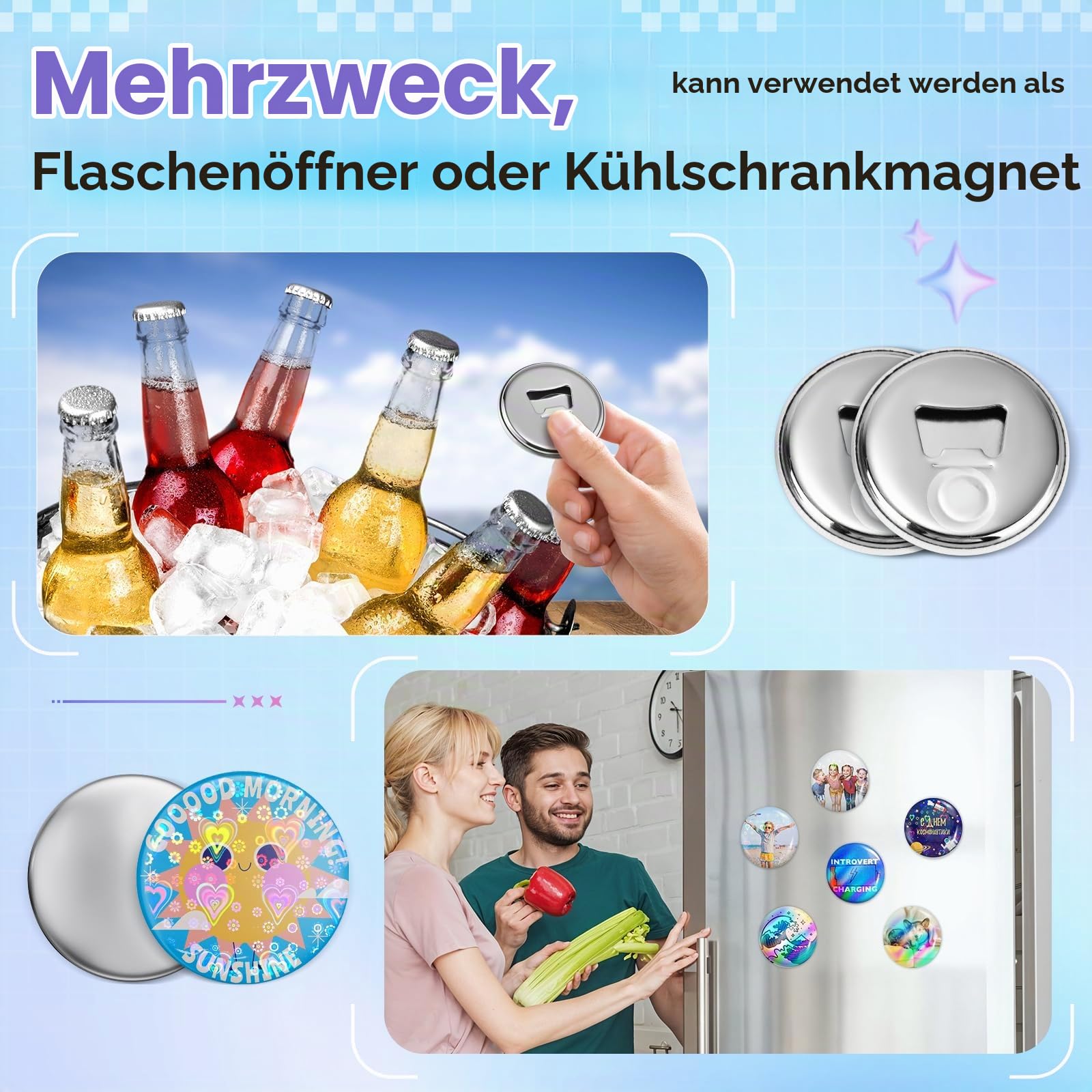 Buttonmaschine Knopfmacher 58mm DIY Buttonpressen-Set ohne Installationsaufwand mit 50 Sets Flaschenöffner-Kühlschrankmagneten und 50 Anstecknadel-Herstellungsset, Regenbogenfolie & Rundschneider