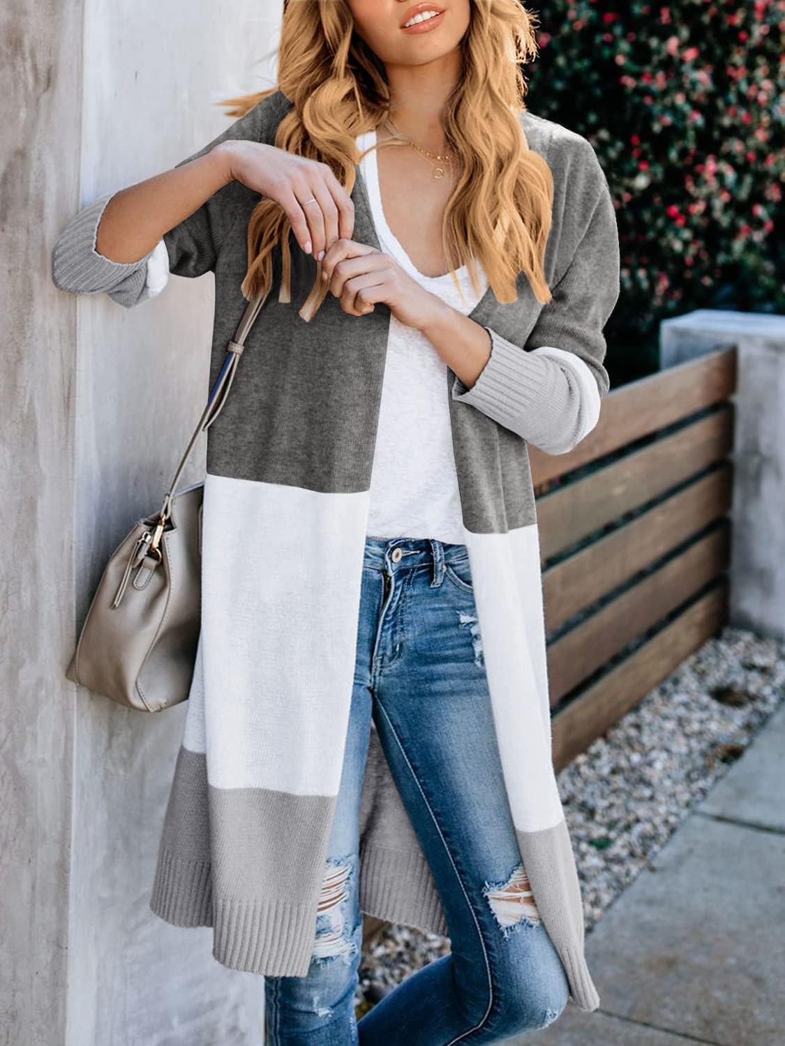 Lovaru Womens Boho Open Front Cardigan Colorblock Long Sleeve Loose Knit Lightweight Sweaters - Image 3