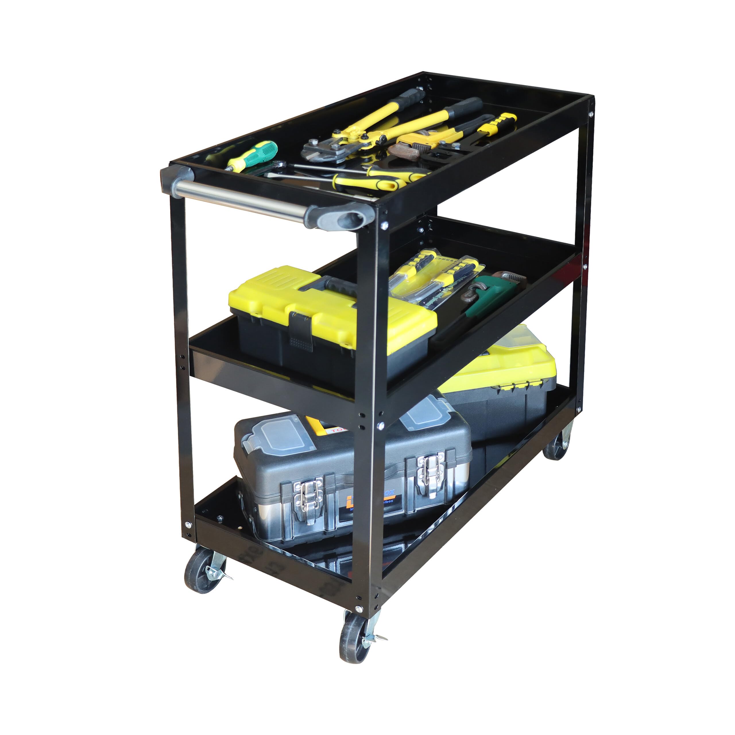 Relaxdays Werkstattwagen, Werkzeugwagen mit 3 Ebenen, mobiler Montagewagen, bis 100 kg, HBT: 76 x 35 x 78 cm, schwarz