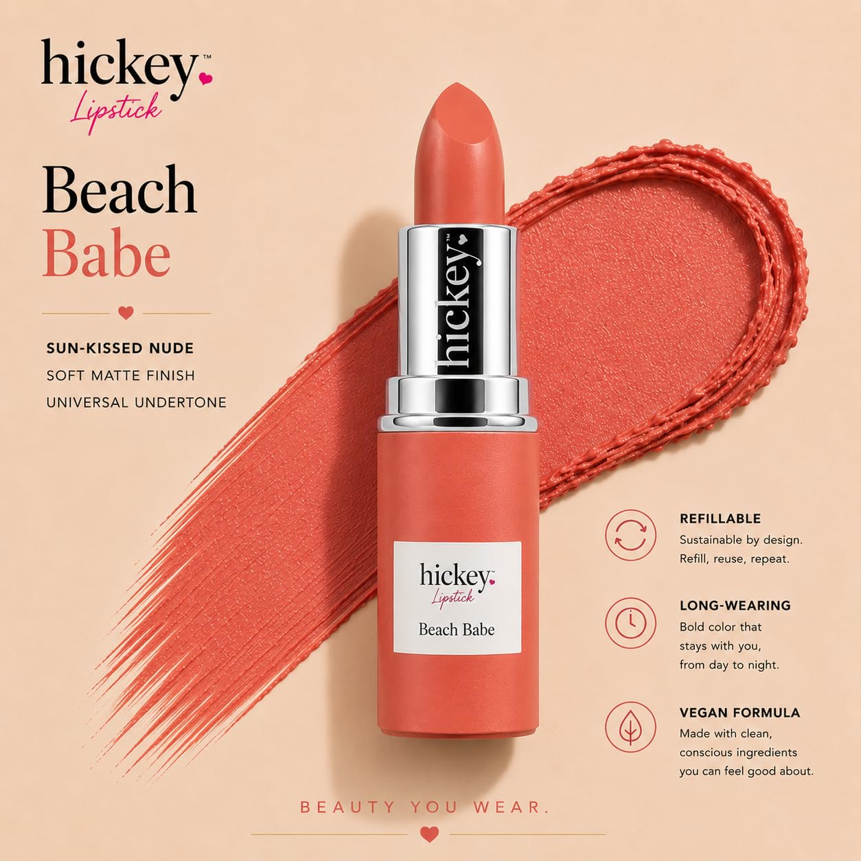 Hickey Lipstick Lot de 2 : rouge à lèvres rose clair et corail sans gluten, hydratant et durable, rouge à lèvres végétalien pour femmes avec caden rose clair et corail 1 O