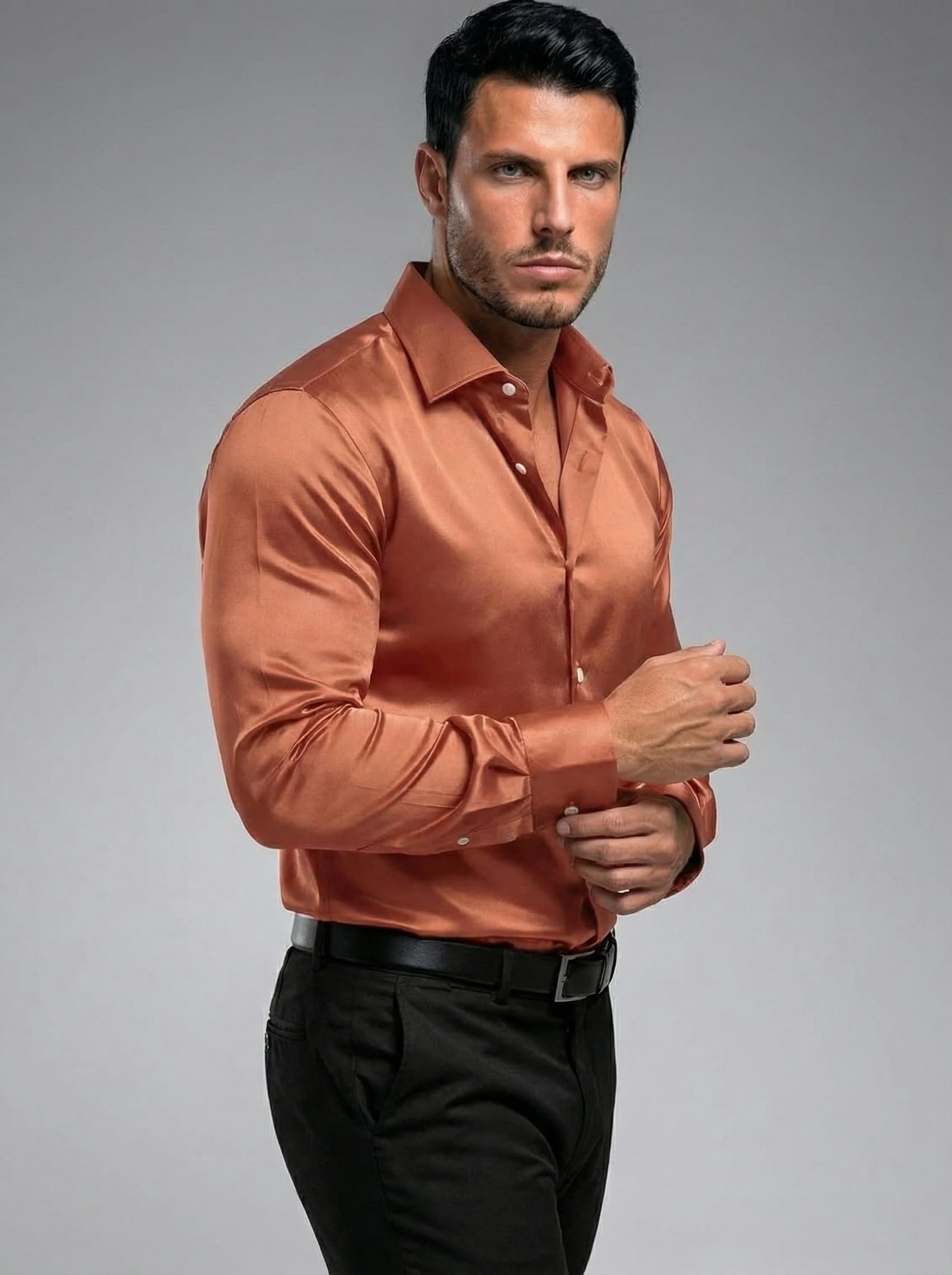FUNKY RICH Camicia da uomo in raso di seta a tinta unita con maniche lunghe e colletto - lunghezza standard e chiusura con bottoni, camicie formali da uomo, elegante camicia da uomo