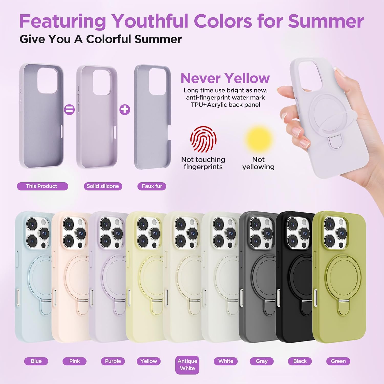 Magnetic Stand for iPhone16 Pro Case with Kickstand 【Lab-Certified Protection】【Not Yellowing】【Anti-Fingerprint】 Durable, Enhanced Grip, Slim，Purple，iPhone 16 Pro 6.3"
