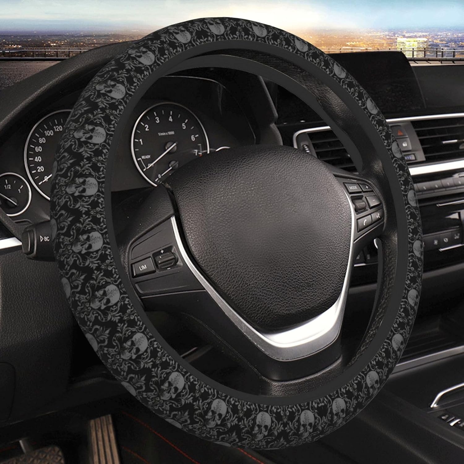 Gothic Black Skull Universal Steering Wheel Covers, Cute Car Accessories for Women Girls Car Truck