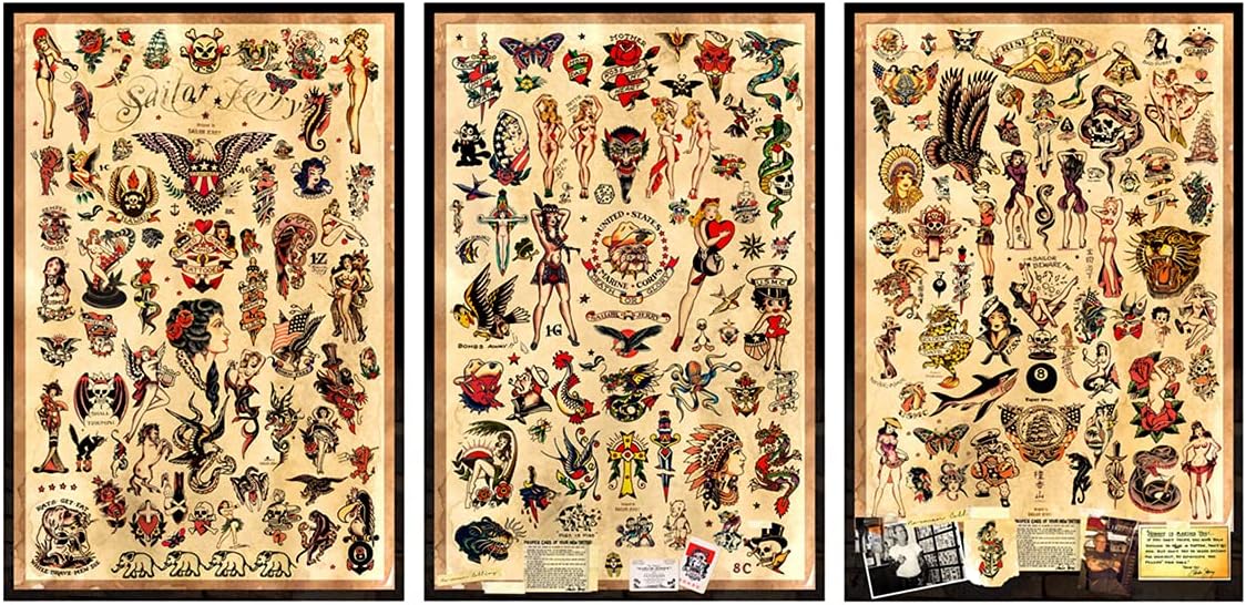3 - Sailor Jerry Tattoo Flash Posters designed by Schilder - Each poster is 12"x18" in size - Authentic Prints with Holographic Sequential Numbering for Authenticity