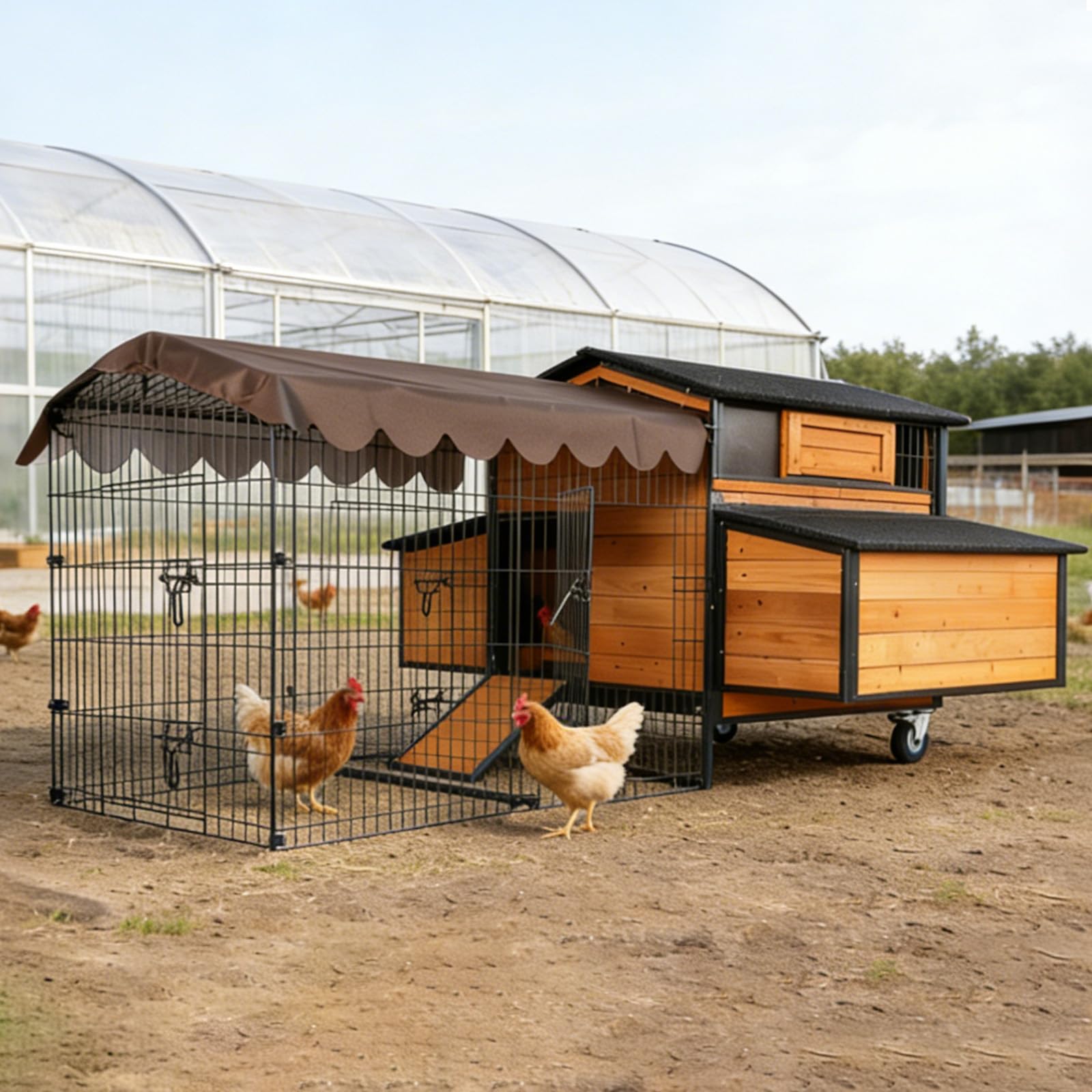 Extra Large Mobile Chicken Coop with Run, Portable Chicken Tractor with Wheels, 76.7" L Hen House Poultry Cage with All-Around Iron Frame, Metal Sliding Tray, 6 Nesting Boxes for 6-8 Chickens