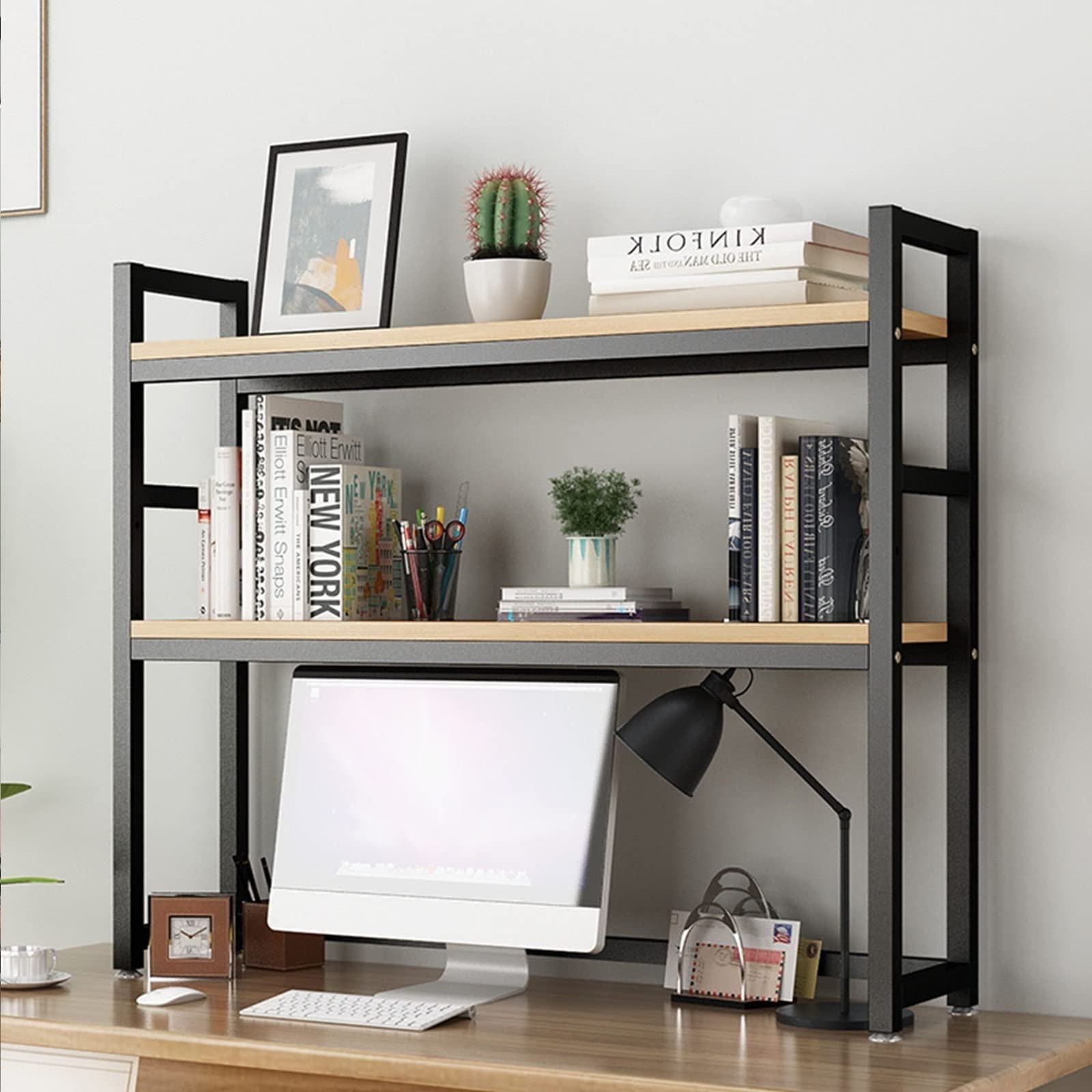 Organizzatore da scaffale per scrivania - Supporto per scaffale da scrivania, Scaffale per libreria da banco regolabile, Libreria da tavolo a 2 livelli per scrivania del computer, Supporto per stamp