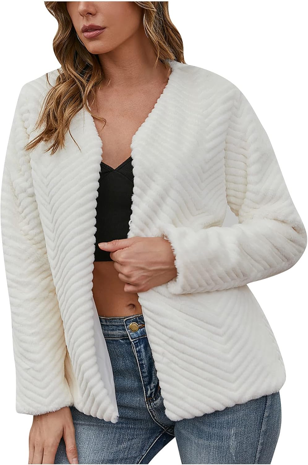 Womens Faux Fur Soft Fleece Jacket, Fashion Cute Fluffy Fuzzy Coat, Winter Dressy Parka Cardigans for Fall and Winter