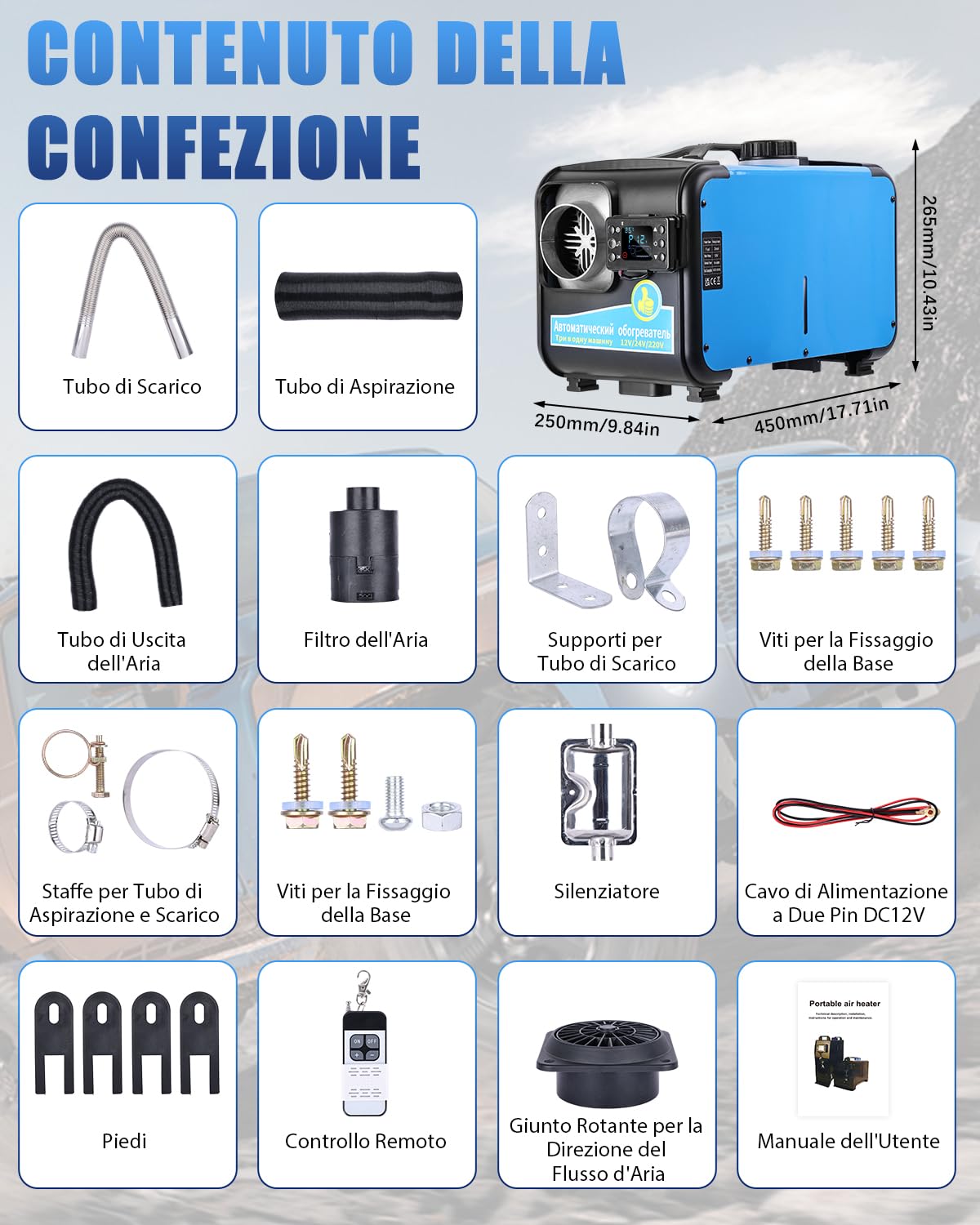 Riscaldatore a Gasolio Portatile 8KW - Generatore Aria Calda Diesel 12V/24V/230V, LCD e Telecomando - Riscaldamento Rapido per Camper, Auto, Camion, Barche, Autobus, Tenda, Campeggio, Parcheggio