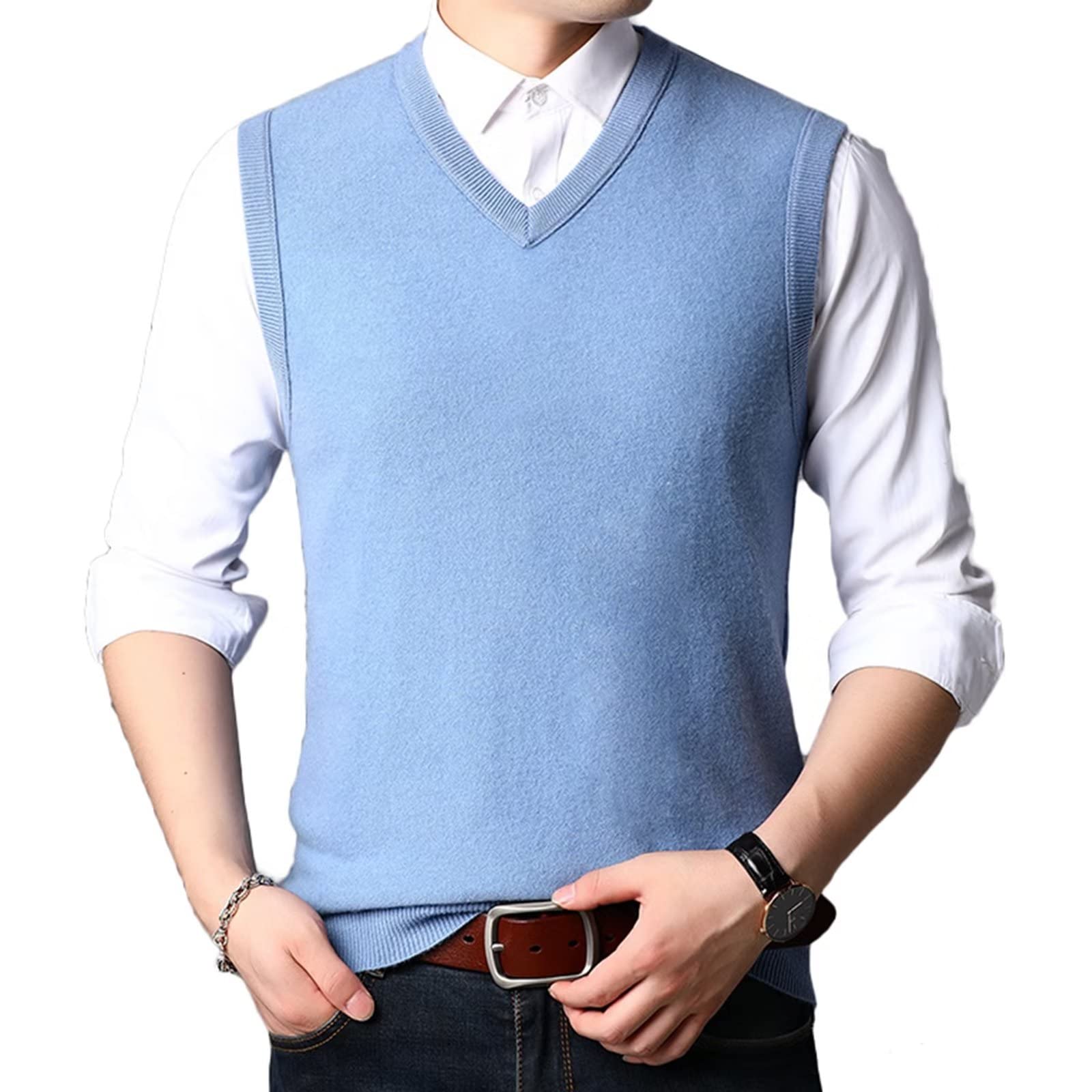 Men's 100% Wool Knitted Gilets Sweater V Neck Vest Sleeveless Jumper Casual Pullover