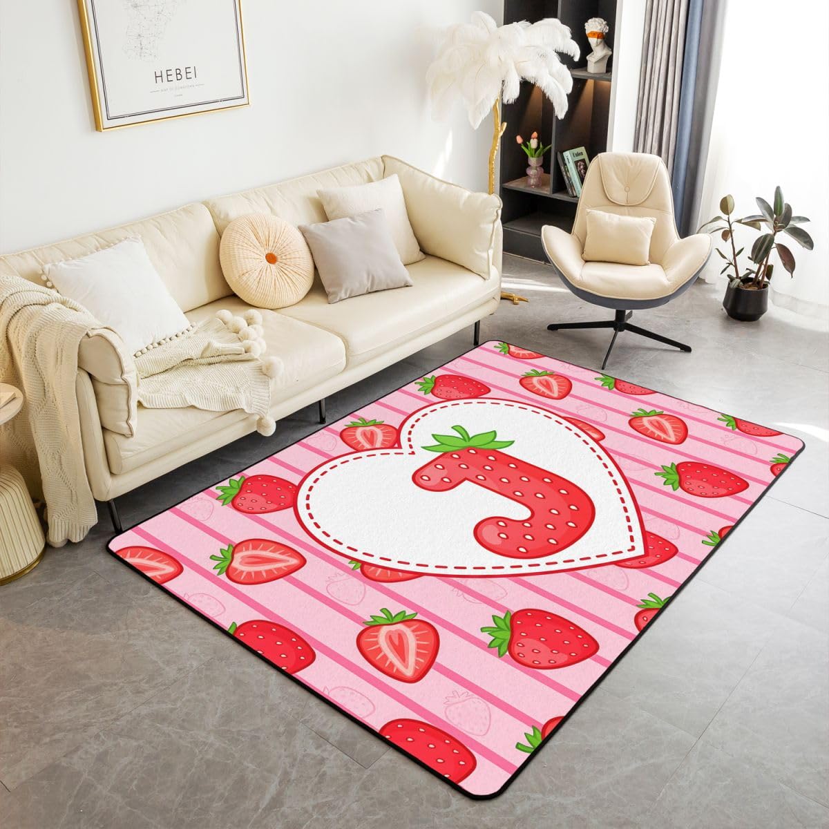 Loussiesd Tapis de Salon 100x150cm Fraise Tapis Chambre Personnalisé Lettre J pour Salon Chambre Cuisine ou entrée Kawaii Strawberries Moderne Alphabète Lettre Letter pour d’intérieur d'extérieur