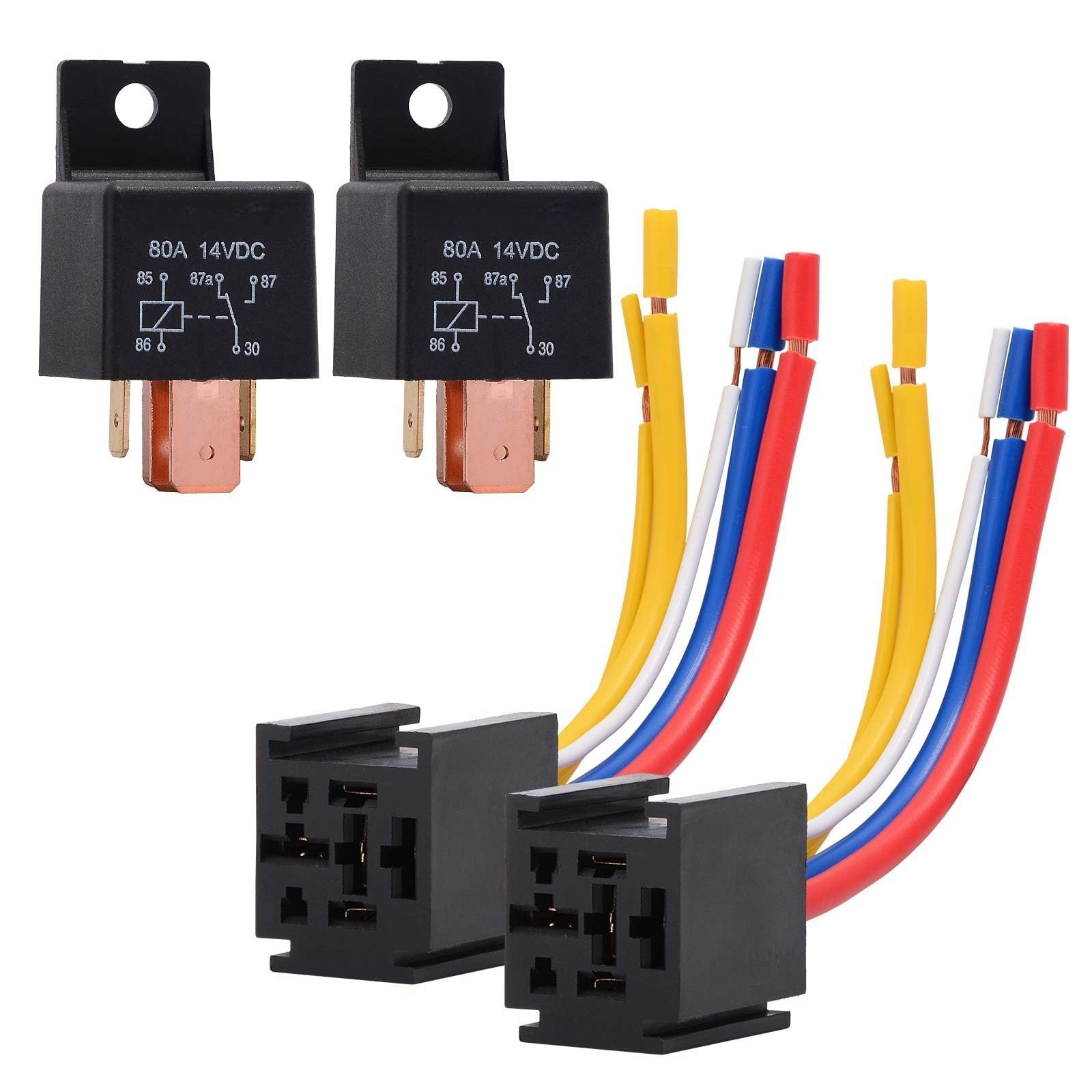 THE WHITE SHOP 2 PCS Car Relay with Harness, 12V 80A SPDT, Auto Operation, Heavy Duty, 5-Pin, 5 Wire, Universal Fit for Cars, Trucks, SUVs