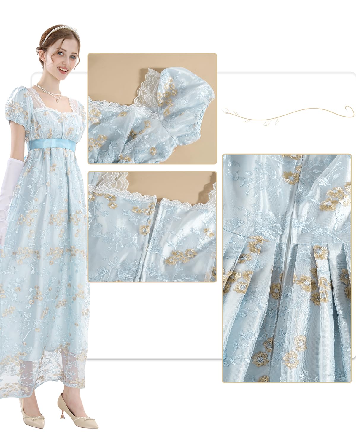 CR ROLECOS Empire Robe Regency Era pour femme - Costume de fête victorien - Avec manches bouffantes - Mariage