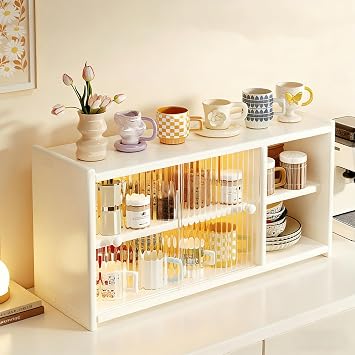 Small Solid Wood Kitchen Countertop Cabinet, Kitchen Pantry Sideboard with Doors, Countertop Storage Cabinets for Dish Bowls Breads, Mini Modern Coffee Bar, Bread Box,White,D