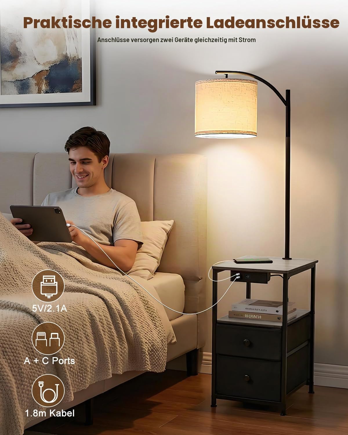 Stehlampe mit Tisch und 2 Schubladen, Nachttischlampe mit USB & Typ-C Ladefunktion, Stehleuchte mit 3 Farbtemperaturen und verstellbarem Lampenschirm, LED Stehlampe für Wohnzimmer und Schlafzimmer