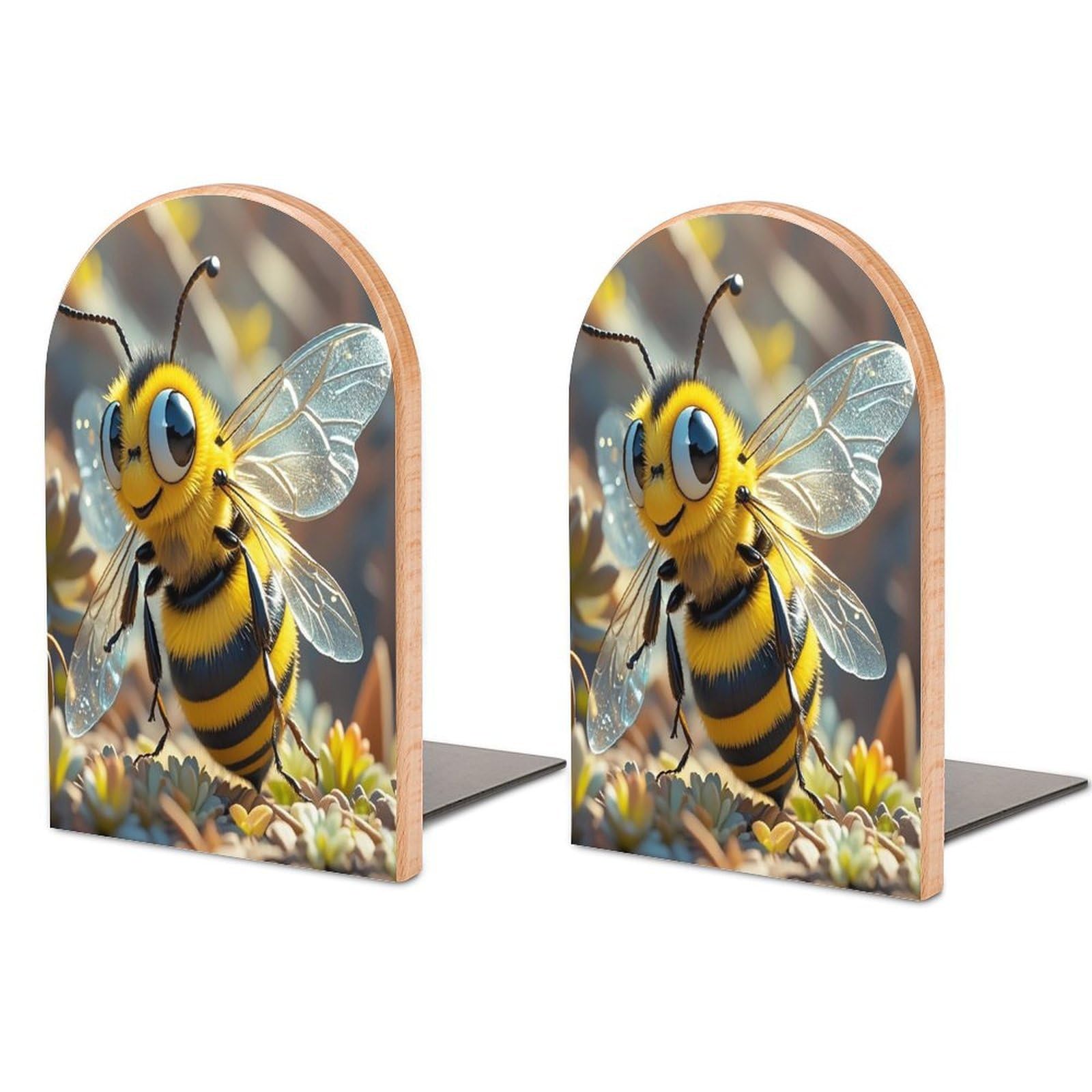 Cartoon Bee Bookend for Shelves Wooden Book End Sturdy Book Holders Stoppers with Metal Base for Bookshelves Slick Decorative Bookends Stands