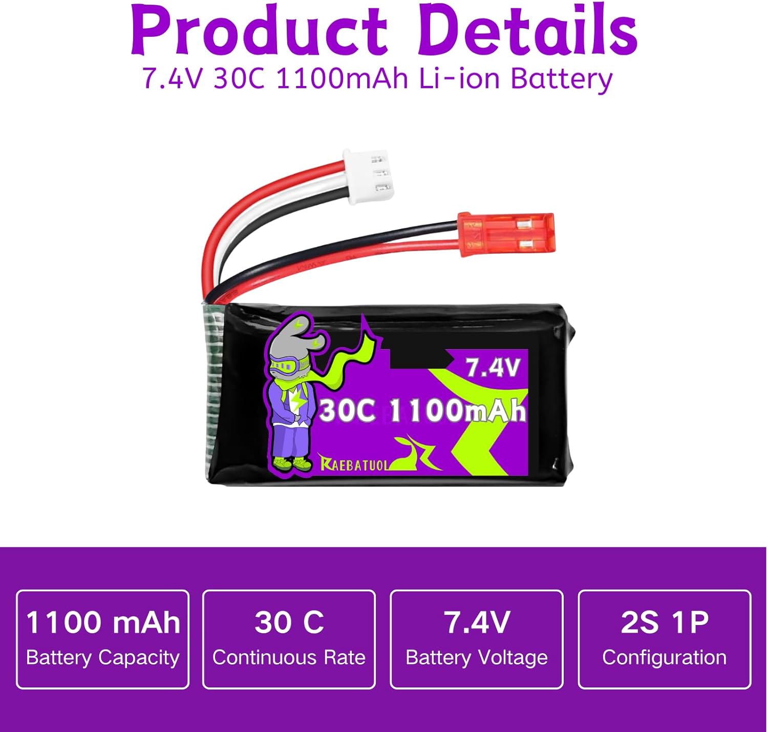 1100mAh 7.4V LiPo Battery with JST Plug 30C，RC Batteries Fit for WLtoys Rc Cars A949 A959 A969 A979 K929 and Most 1/10, 1/16, 1/18, 1/24 Scale RC Cars Remote Control Cars