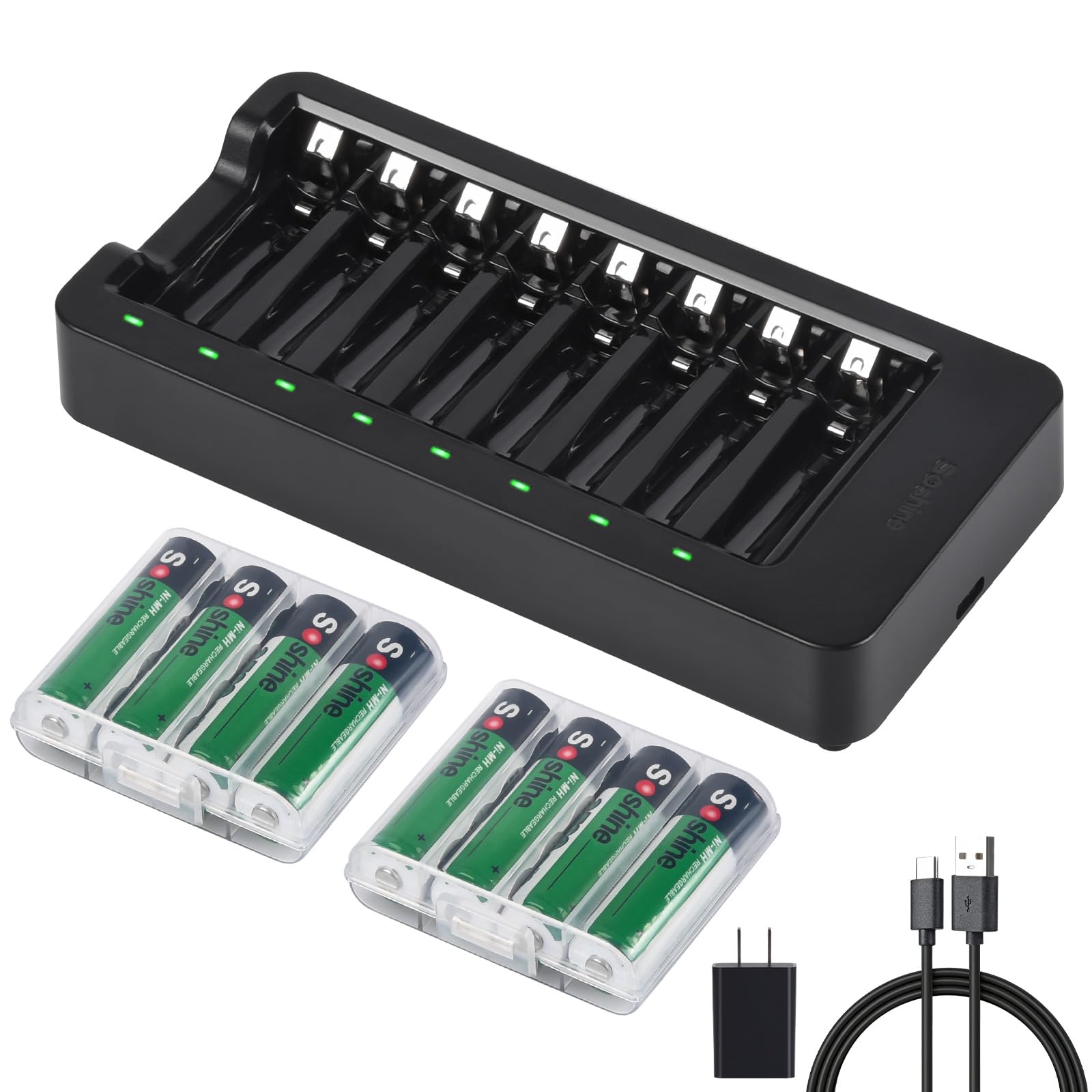 Cargador de batería inteligente AA AAA con 8 pilas recargables AA (2500 mAh Ni-MH), cargador de batería individual USB para baterías NiMH NiCD de 1.2 V, carga rápida para dispositivos domésticos y de