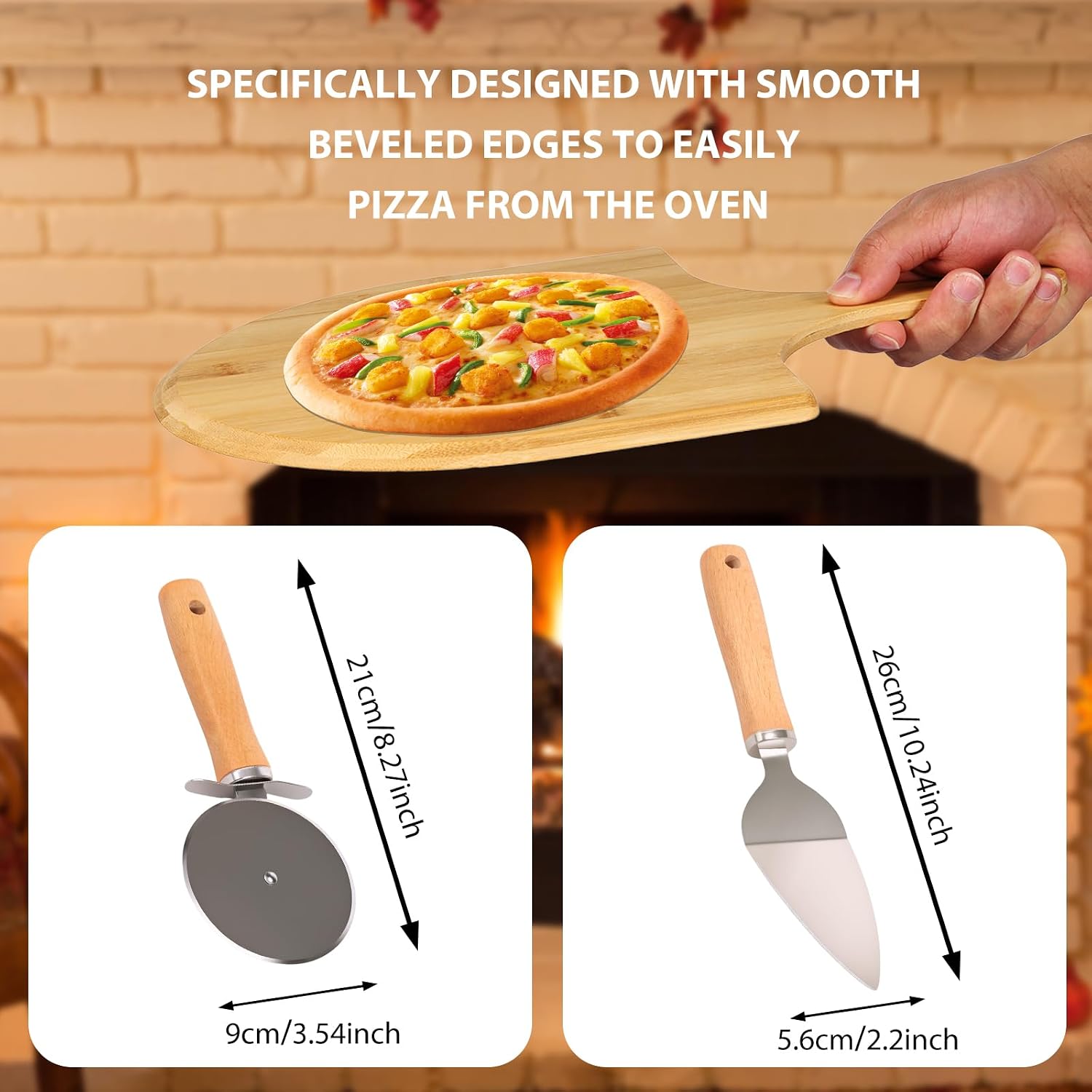 Pizza Peel Set Bamboo Paddle with Nonslip Handle Stainless Steel Spatula and Pizza Cutter Multifunctional Spatula Set for Cheese Bread Fruit Vegetable