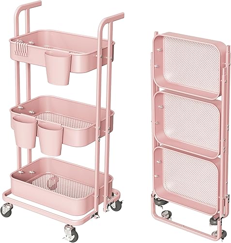 Carrito plegable de 3 niveles, carrito de metal con ruedas, 3 tazas colgantes y 6 ganchos, carrito plegable para sala de estar, cocina, baño,