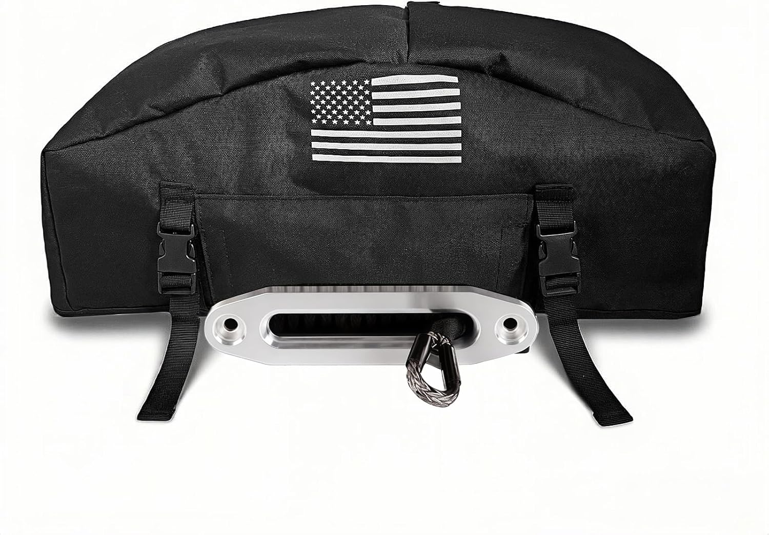 900D Winch Cover with Flag Pattern, Heavy Duty Winch Waterproof UV Resistant Cover, Indoor/Outdoor Winch Accessories for Electric Winches 8000-13500lbs With Adjustable Band (Black)