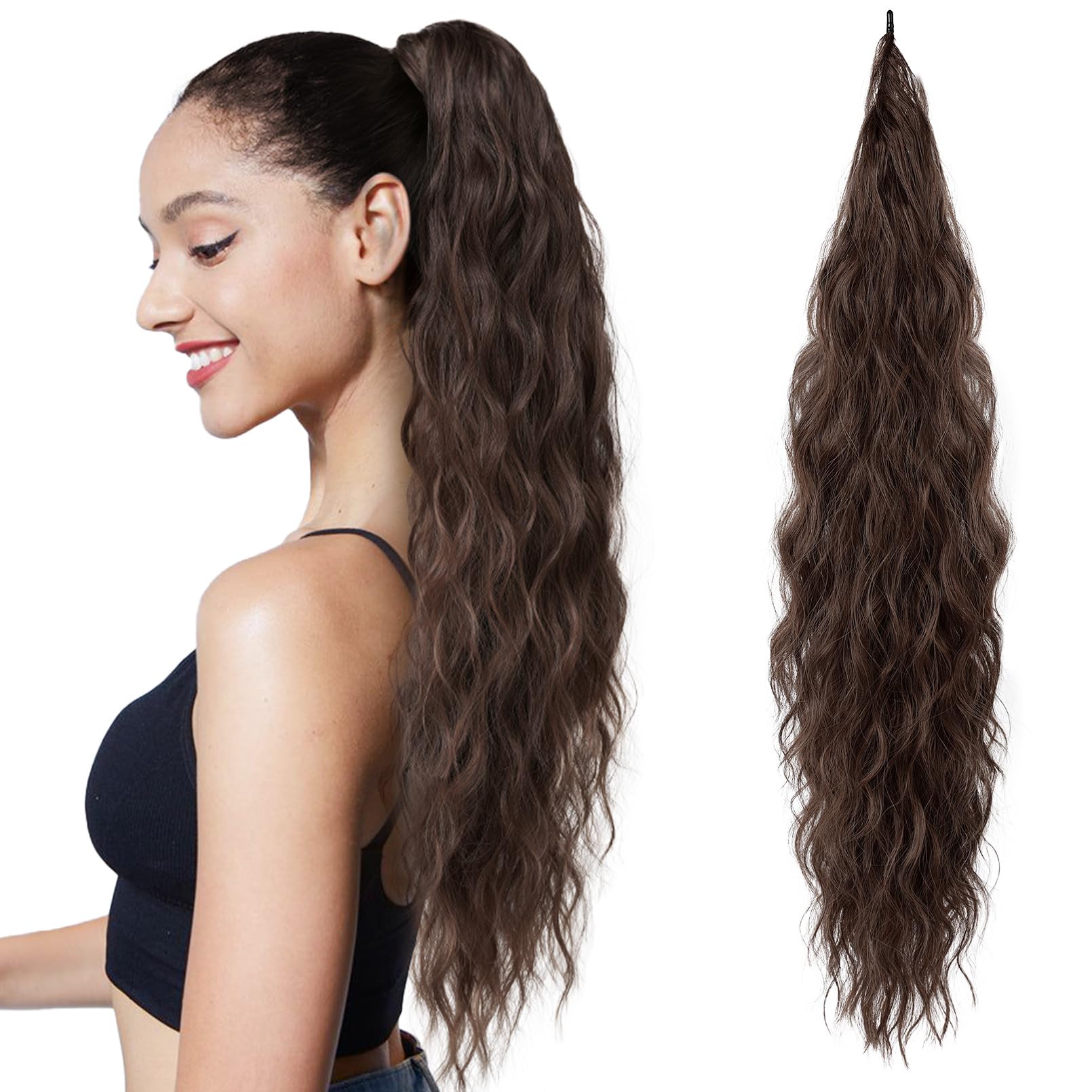 Photo 1 of Flufymooz Ponytail Extension, Flexible Wrap Around Ponytail Extension, Long Wavy Curly Ponytail Hair Extensions, Natural Ponytail Synthetic Hairpiece for Women, 26 Inch (Dark Chocolate Brown)