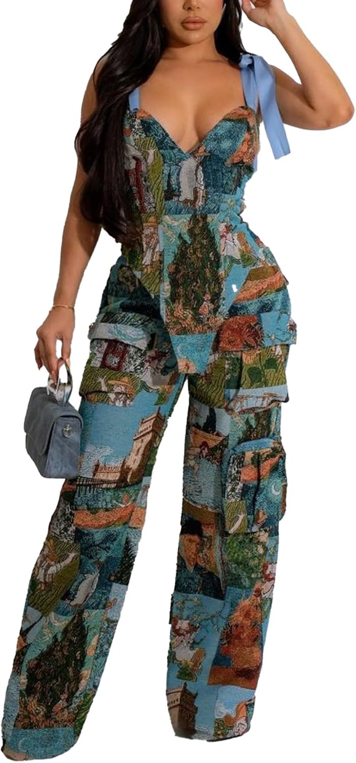 Women‘s Sexy 2 piece Outfits for Women Tube Corset Top and Boho Print Cargo Pants Set with Multi-Pocketed