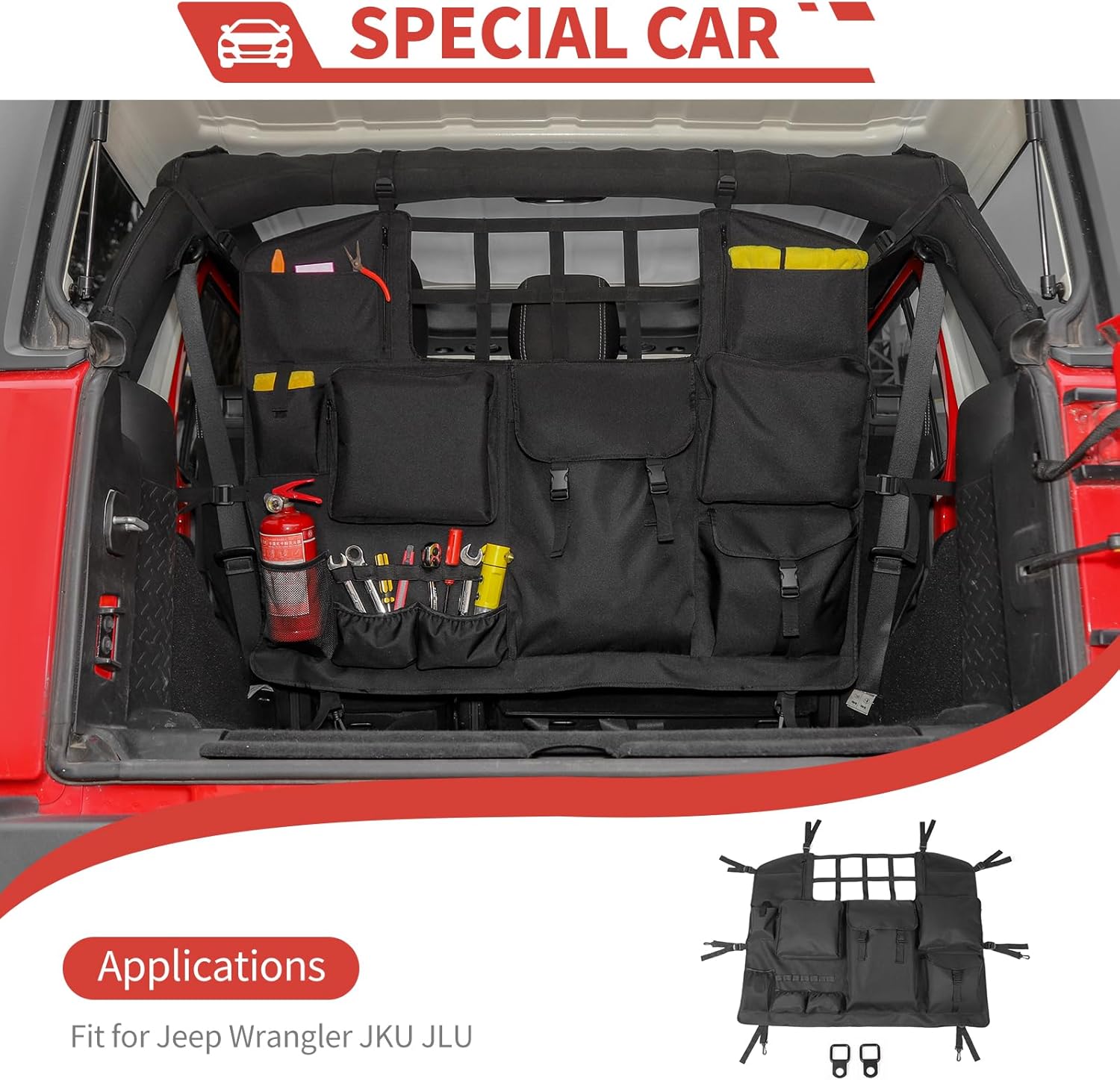 for JKU JLU Rear Trunk Organizer Bag Backseat Haning Cargo Organizer with Multi-Pockets Tool Kits fit for Jeep Wrangler JKU JLU