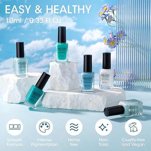 Miniatura 7 de GELLEN Esmalte de uñas regular verde azulado sin gel, secado rápido al aire, esmalte de uñas turquesa menta, no necesita luz UV, primavera verano, 6