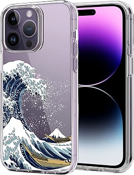 Unov Case Compatible with iPhone 14 Pro Case Clear with Pattern Slim Protective Soft TPU Bumper Embossed Design 6.1 Inch Great Wave