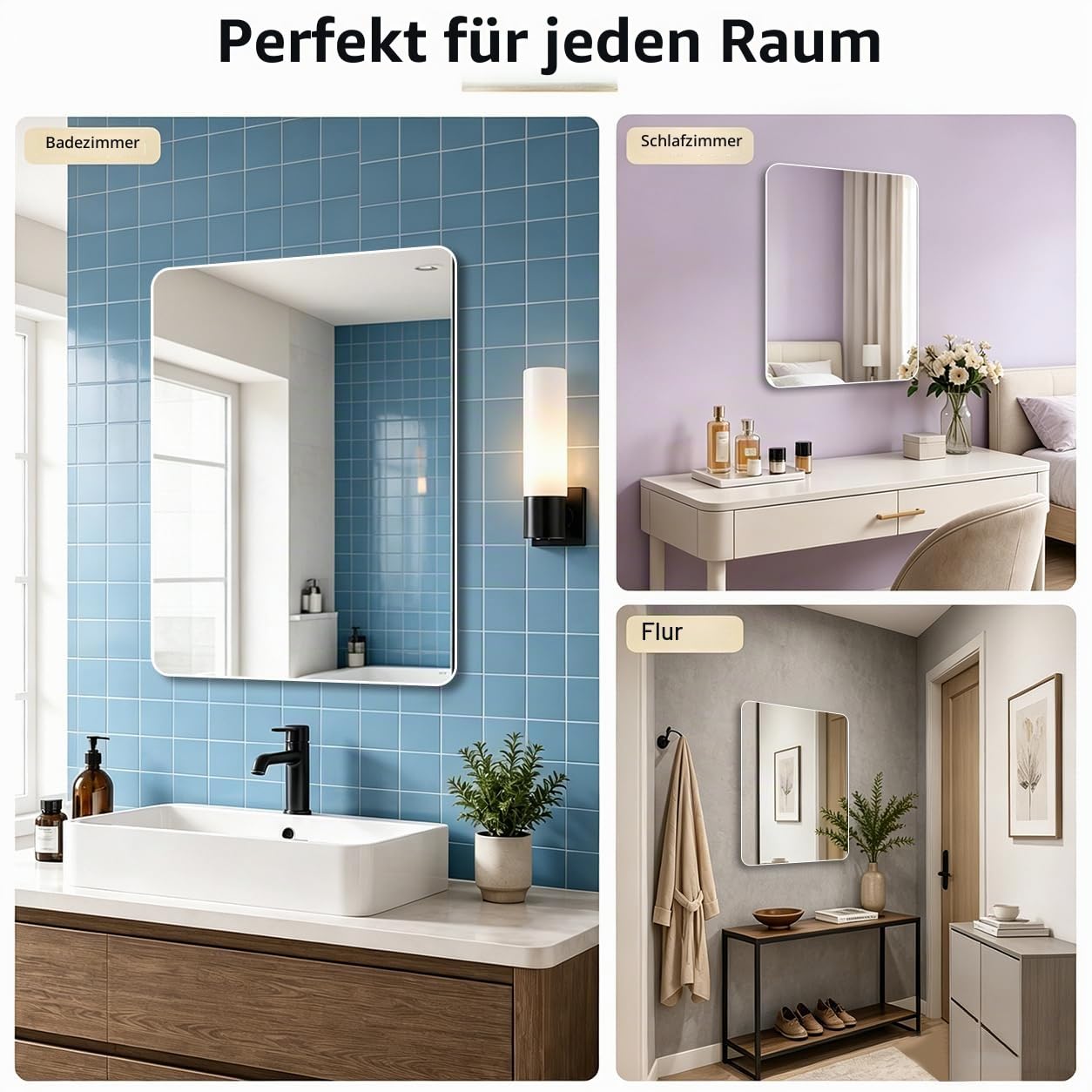 Weißer Rahmenspiegel 40 x 60 cm, großer Badezimmer-Wandspiegel, rechteckiger Badezimmer-Wandspiegel, hängend horizontal/vertikal